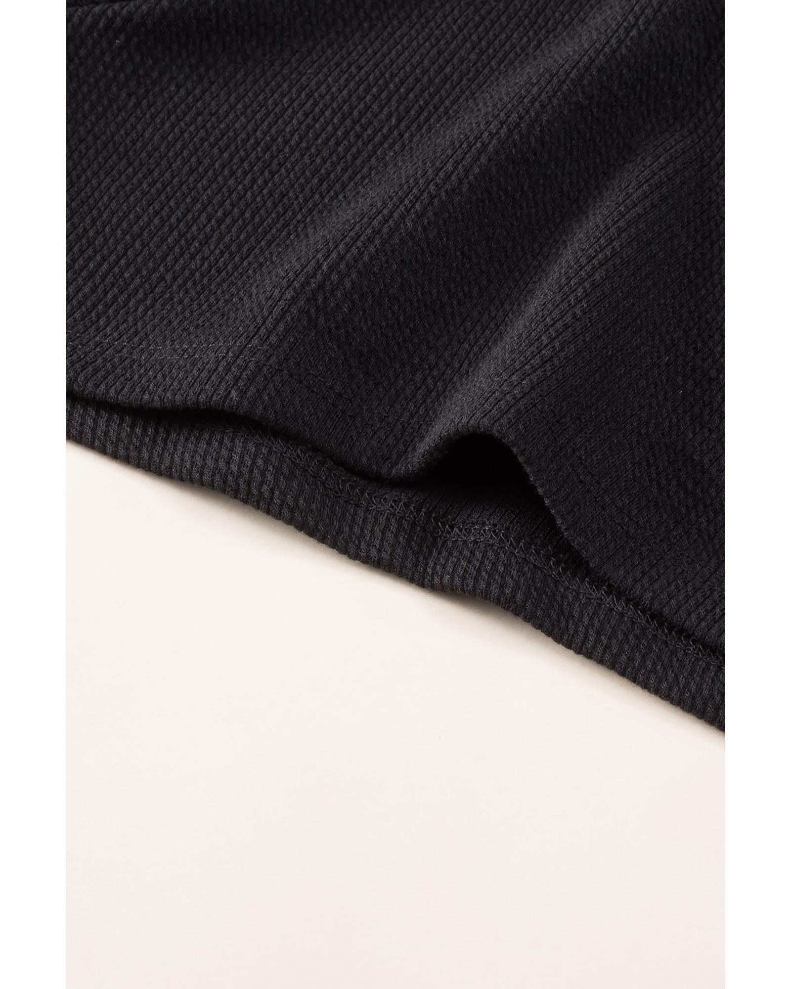 V539-AZEXDC6412340-2-2XL-202508291845-00 Black Brushed Ribbed Button Split V Neck Long Sleeve Romper - 2XL - Image 1