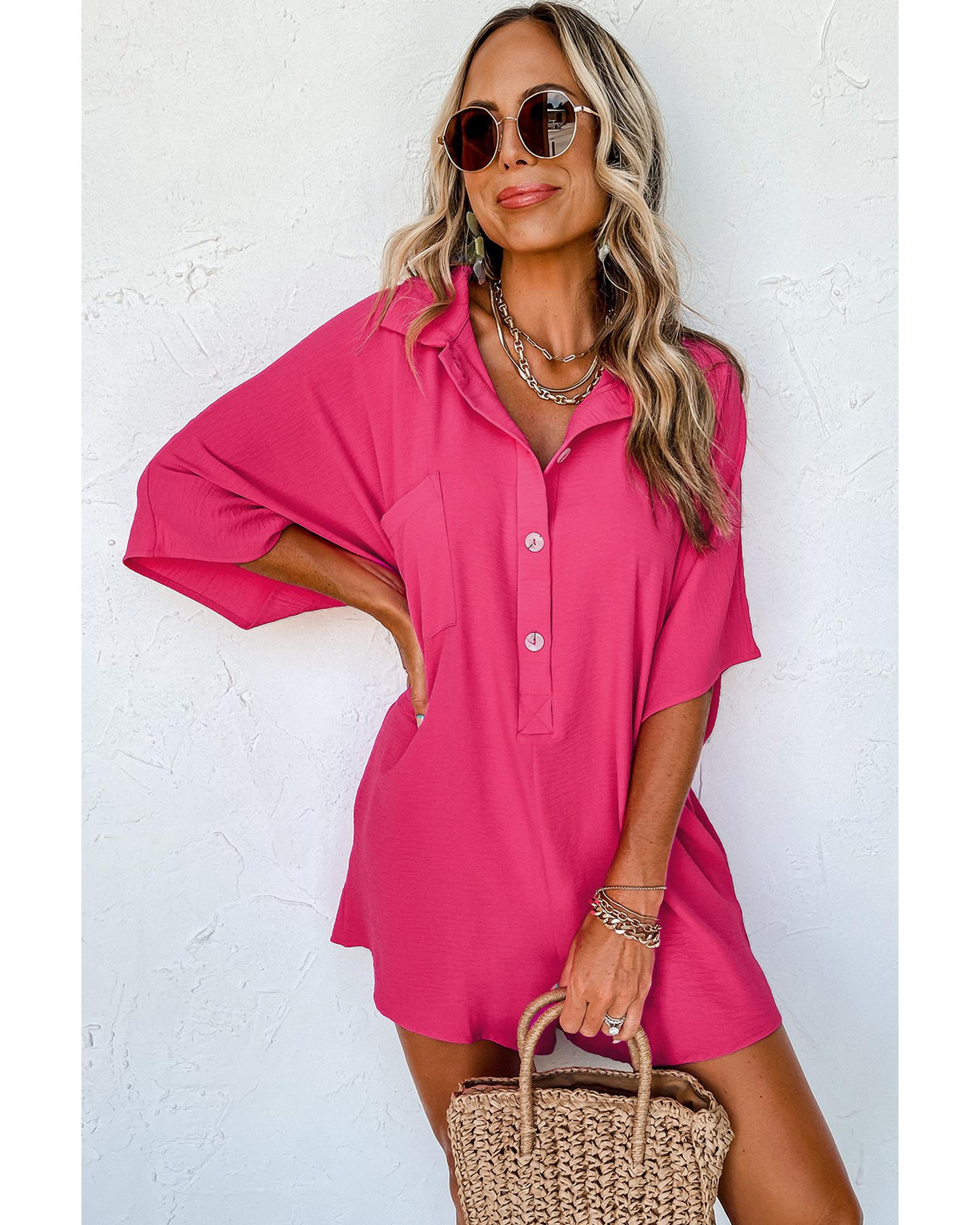 V539-AZEXDC6413069-P106-XL-202508282150-00 Bright Pink Half Button Collared Loose Romper - XL - Image 1