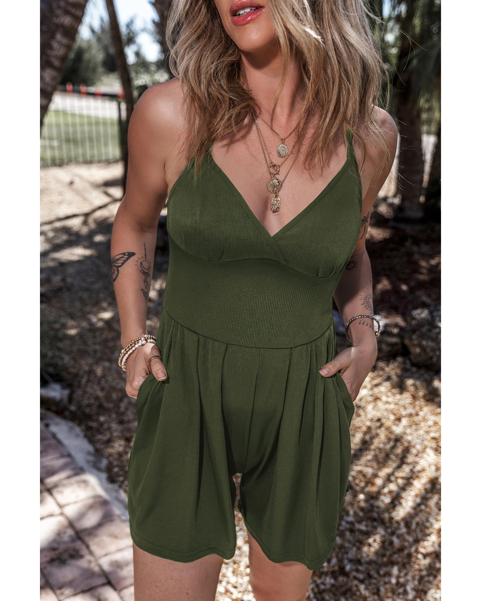 V539-AZEXDC6413541-P1609-M-202508292320-00 Moss Green Spaghetti Straps Cinched Waist Ribbed Romper - M - Image 1