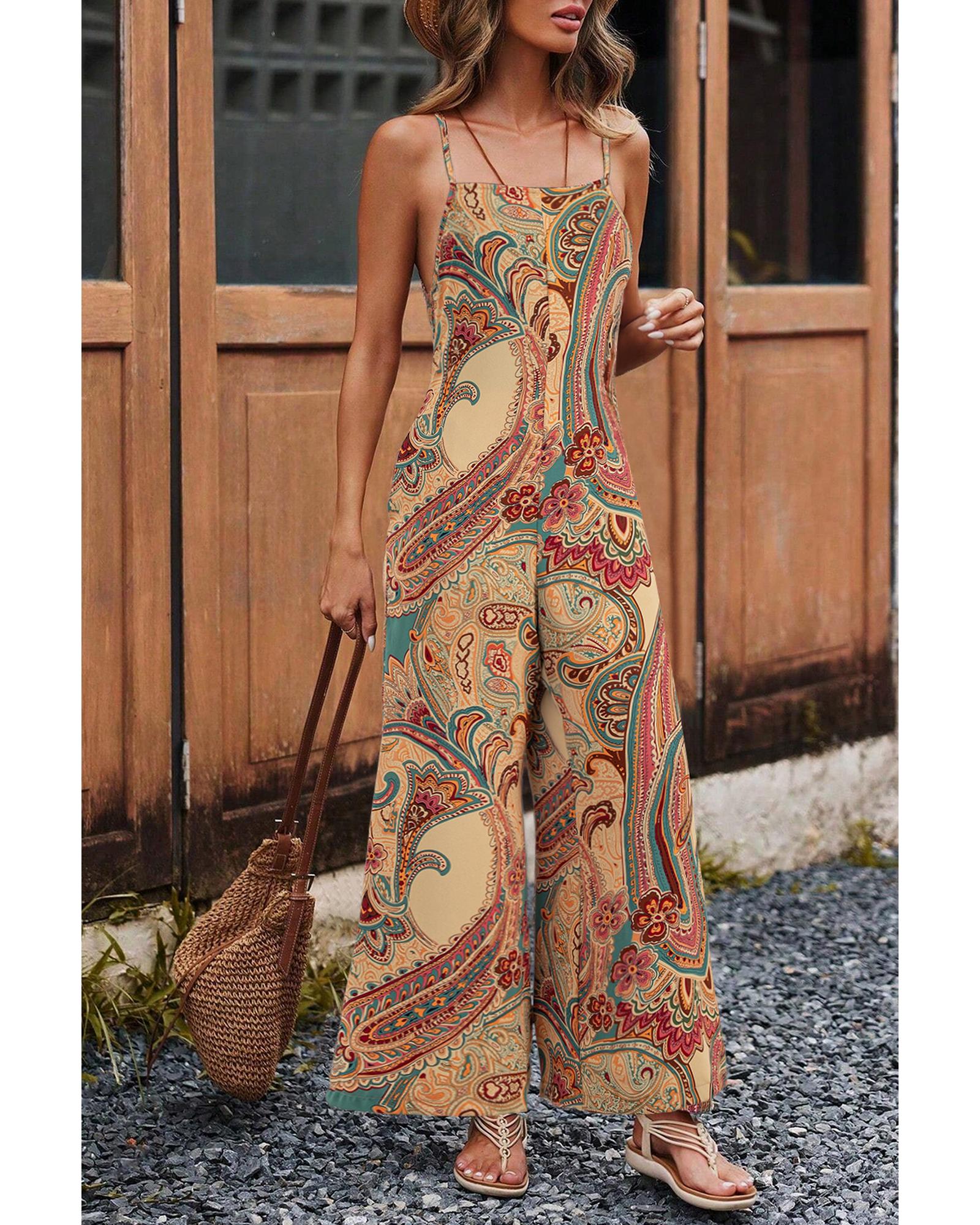 V539-AZEXDC6413826-P10320-XL-202506150611-00 Red Paisley Printed Spaghetti Straps Elegant Wide Leg Jumpsuit - XL - Image 1