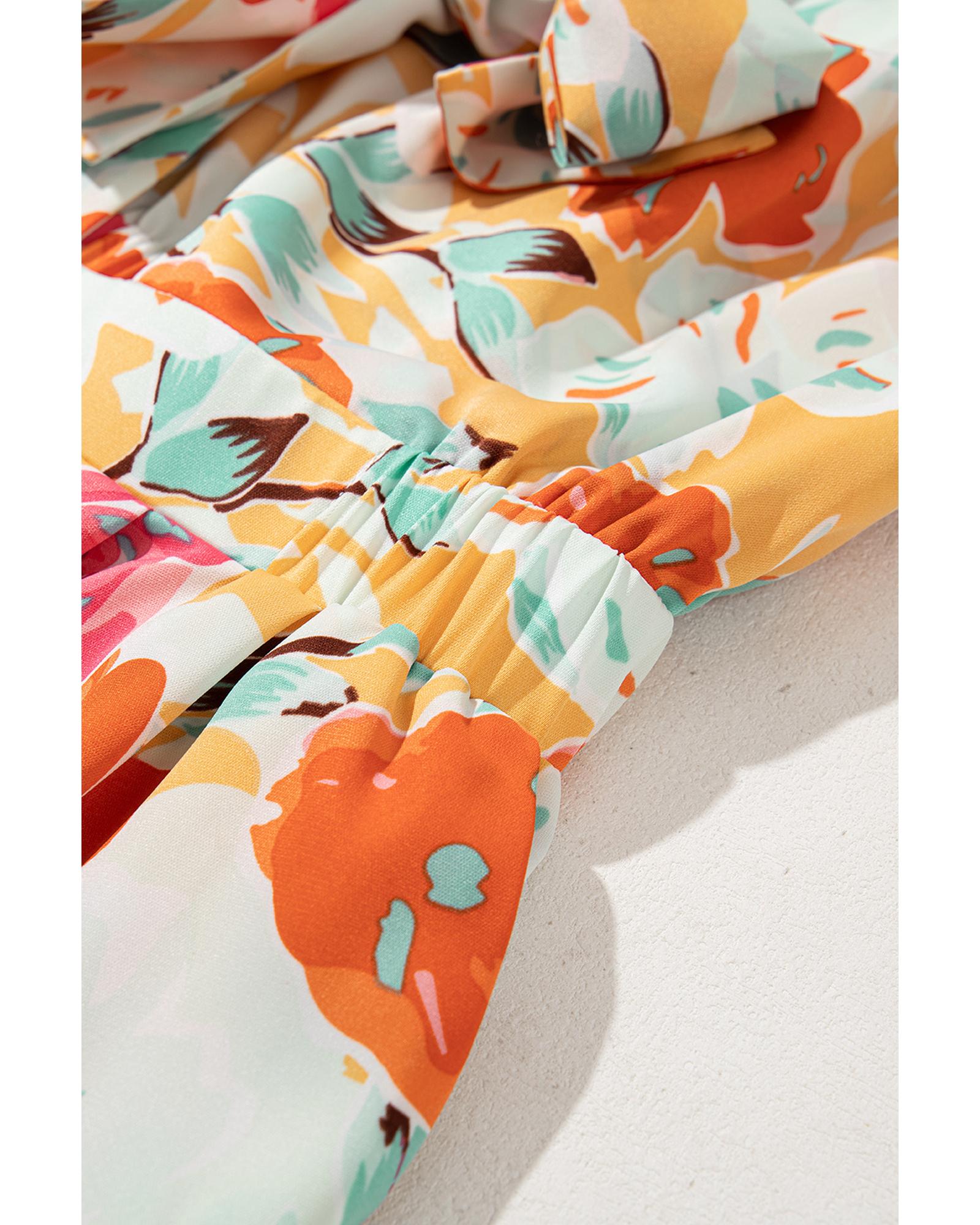 V539-AZEXDC6413827-P1420-L-202508301650-00 Orange Blooming Floral Print Front Tie Romper - L - Image 1