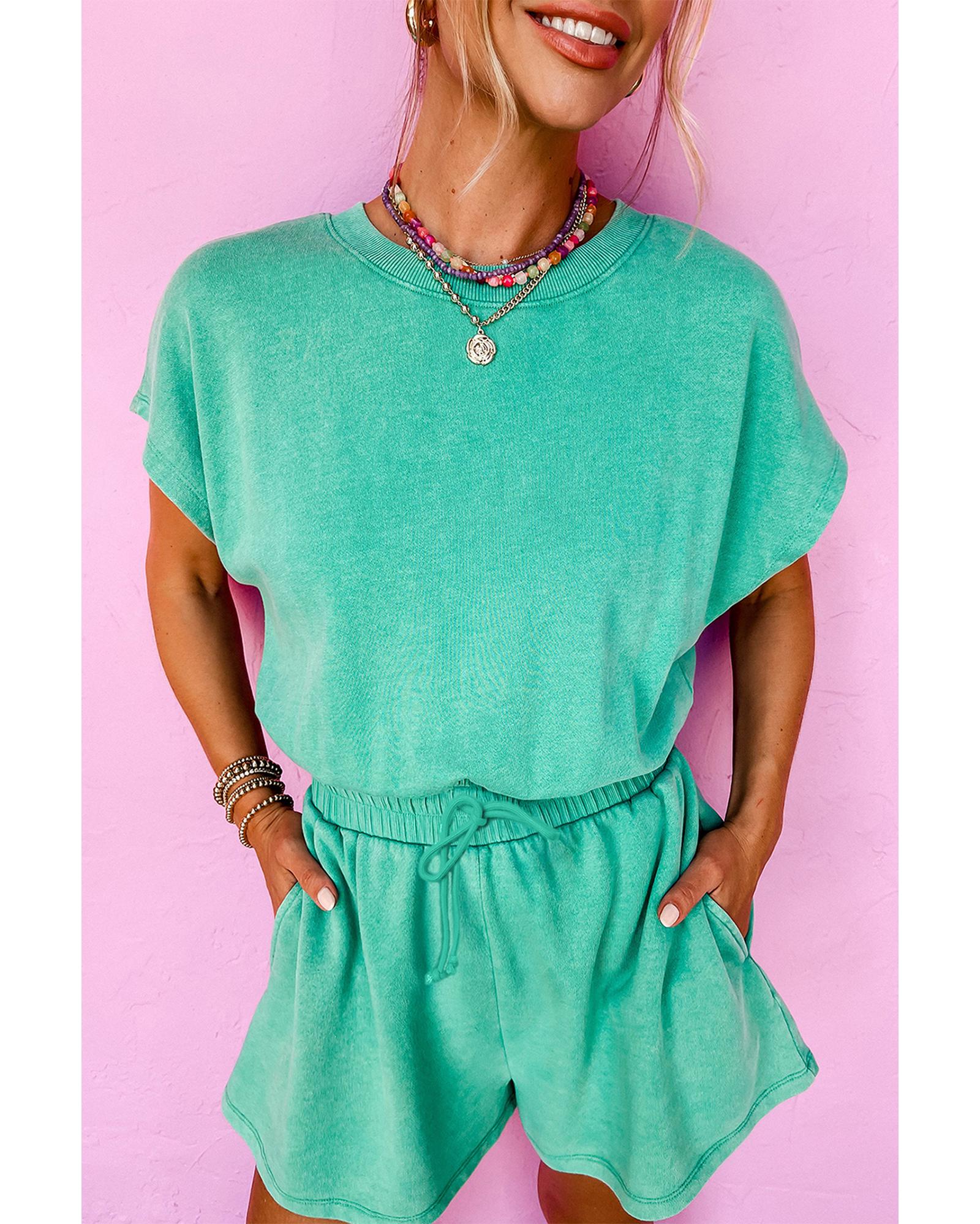 V539-AZEXDC6413848-P409-L-202508310030-00 Sea Green Mineral Wash Drawstring Waist Hollow Out Back Short Sleeve Romper - L - Image 1