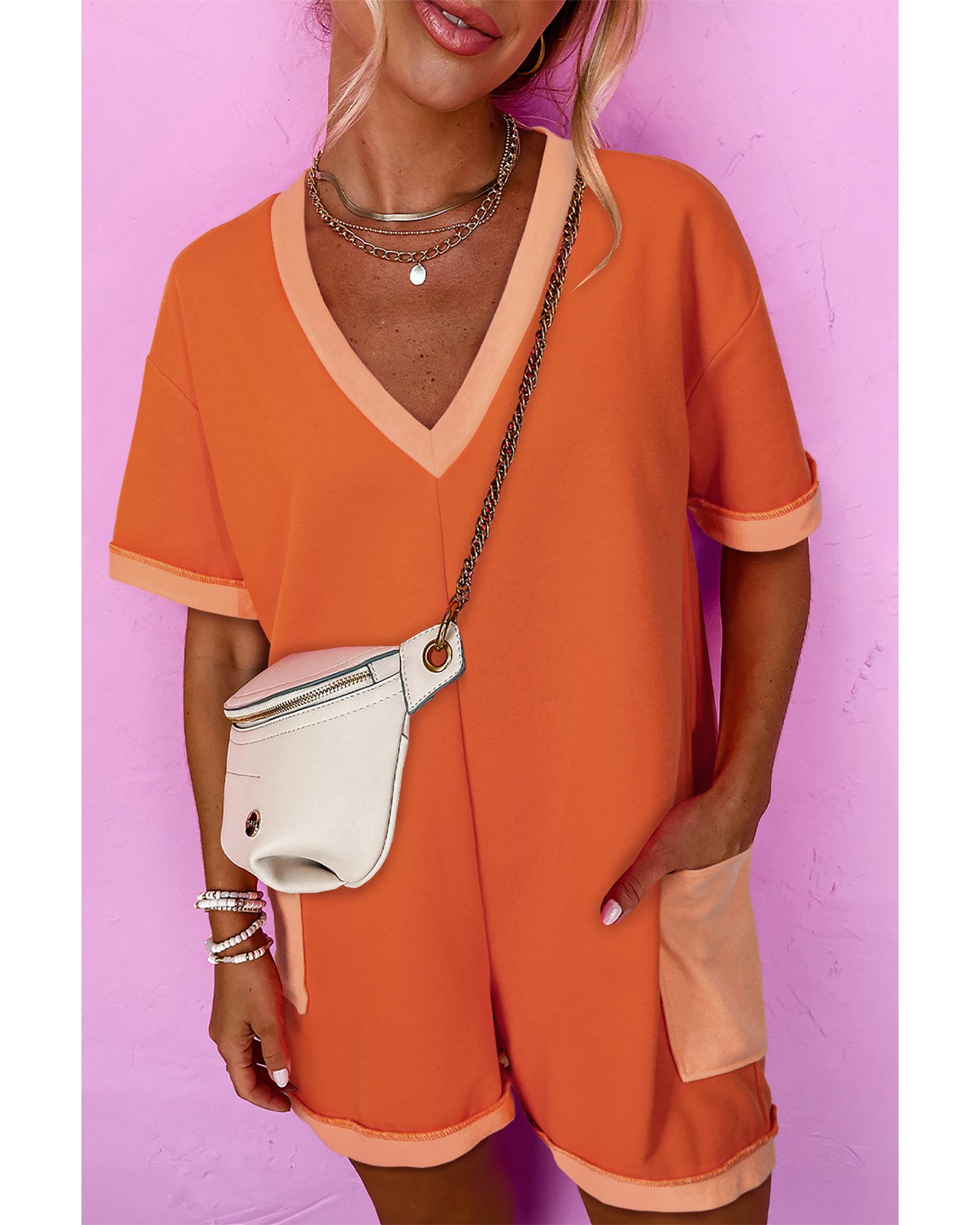V539-AZEXDC6413849-P7014-M-202508301235-00 Russet Orange Two-tone Short Sleeve V Neck Patched Pocket Loose Romper - M - Image 1