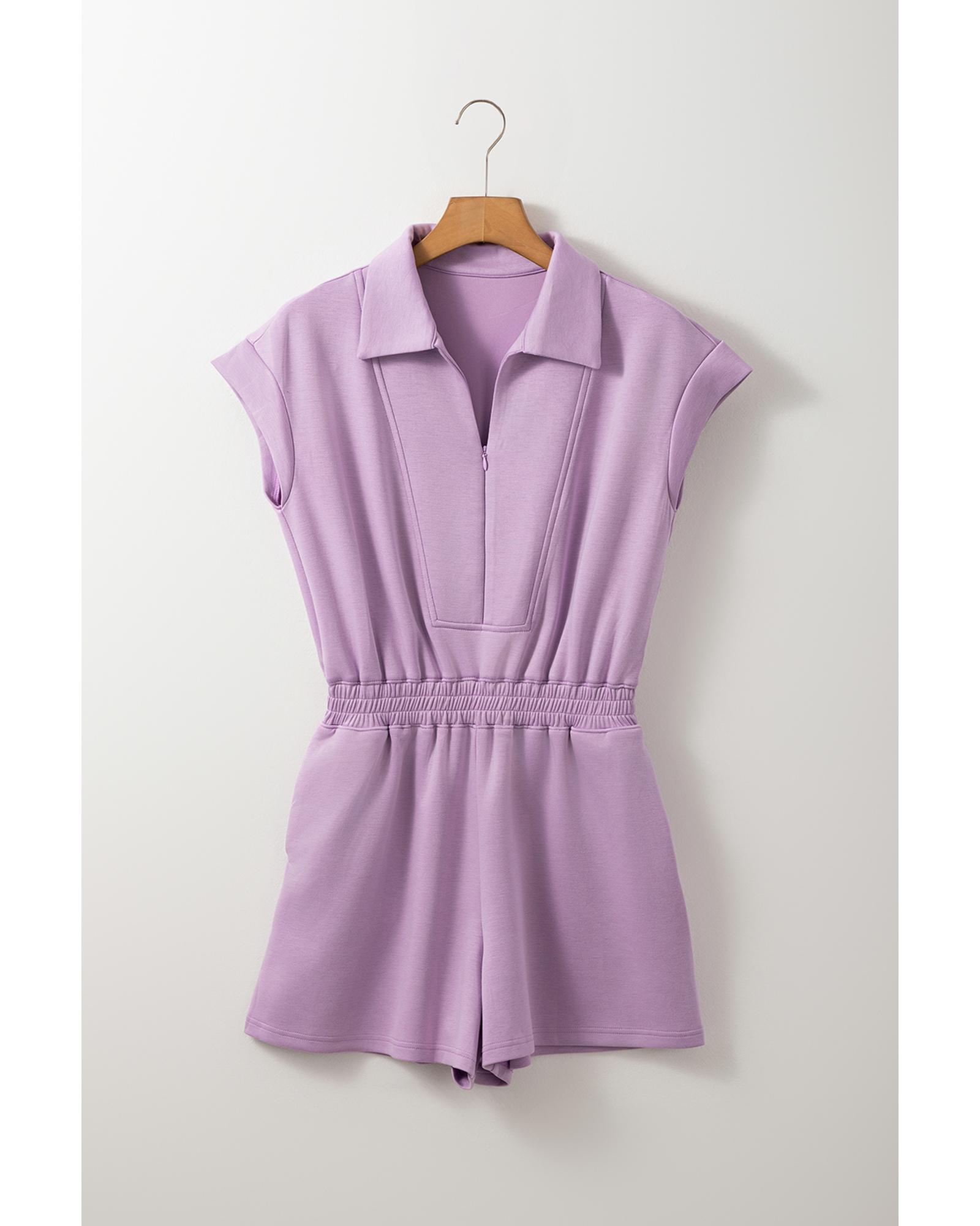 V539-AZEXDC6413919-P808-XL-202508302340-00 Orchid Bouquet Short Sleeve Zipper Collared Elastic High Waist Romper - XL - Image 1