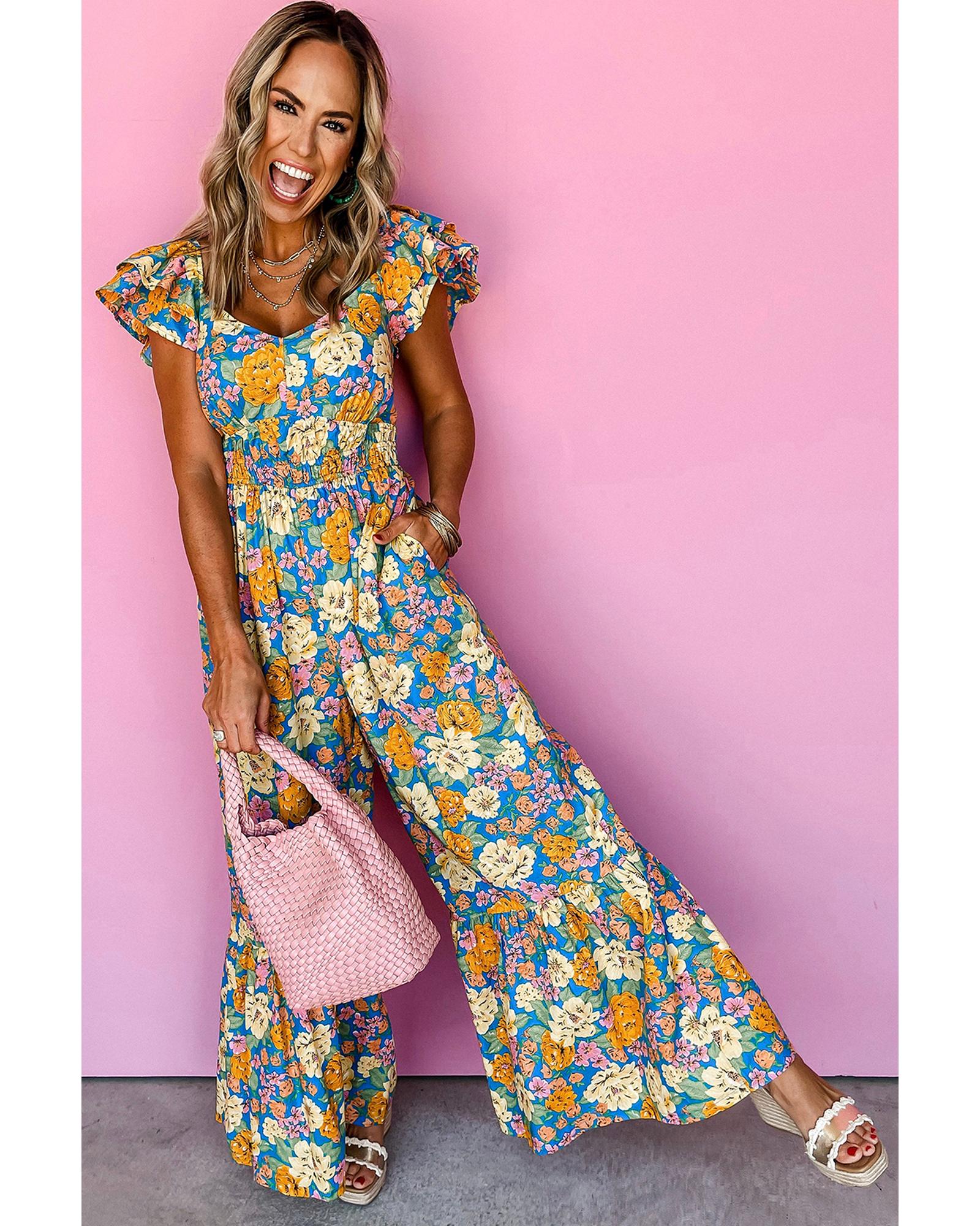 V539-AZEXDC6413950-P720-XL-202508300950-00 Yellow Floral Allover Print Shirred Cut Out High Waist Jumpsuit - XL - Image 1