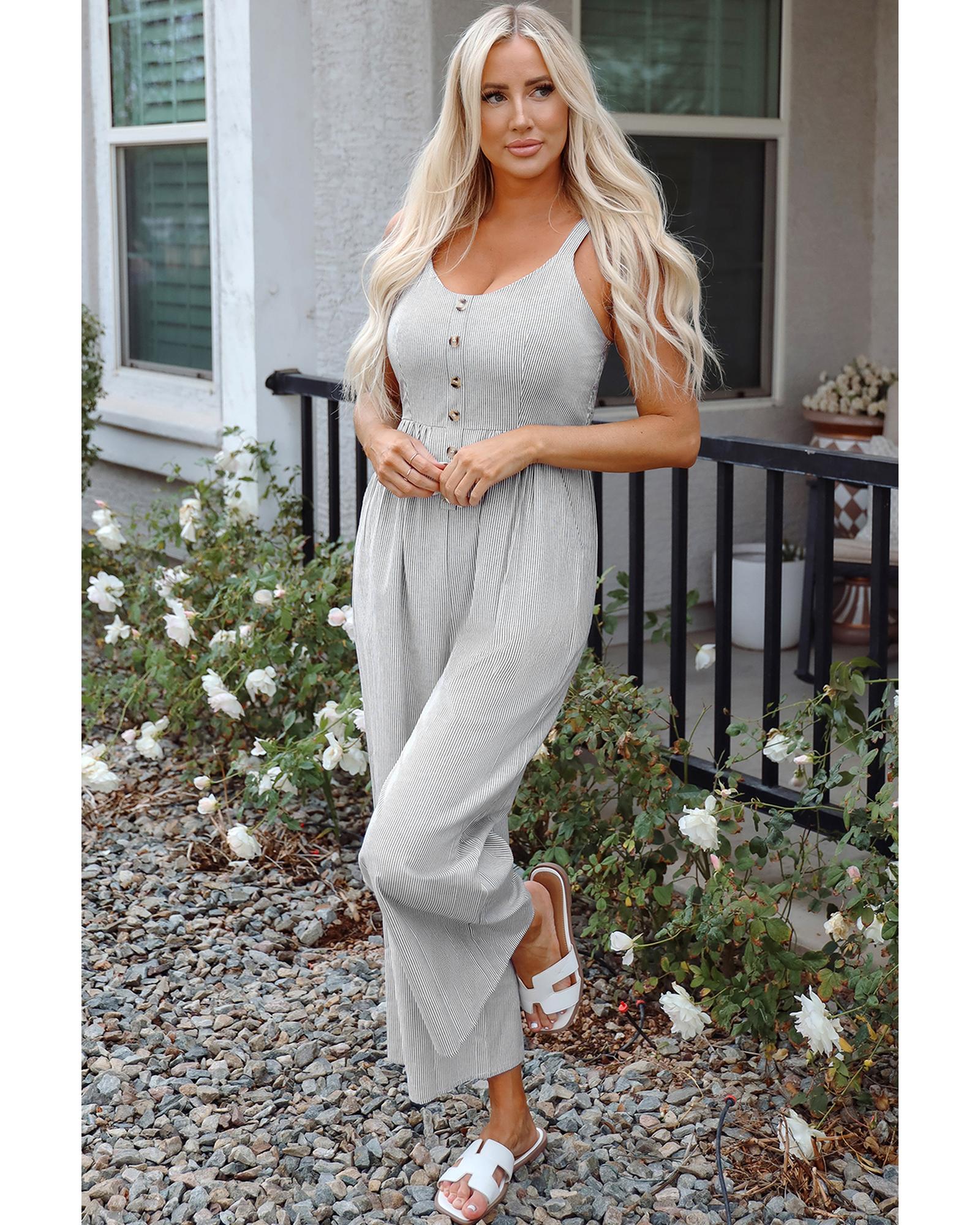 V539-AZEXDC6413961-P219-L-202508301720-00 Black Stripe Half Buttoned Sleeveless Wide Leg Jumpsuit - L - Image 1