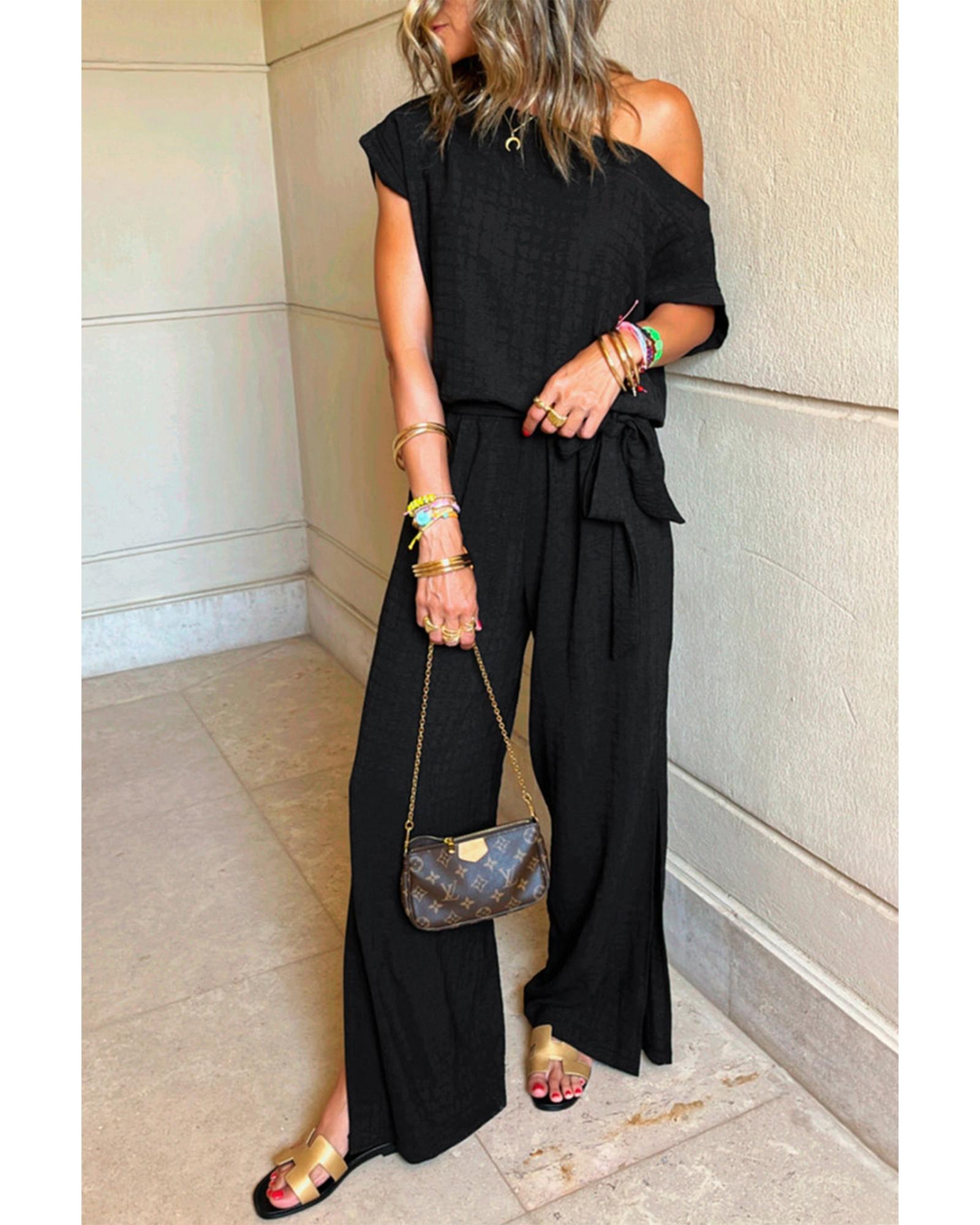 V539-AZEXDC6414048-P2-M-202508301835-00 Black Checkered Mesh One Shoulder Short Sleeve Knotted Waist Jumpsuit - M - Image 1