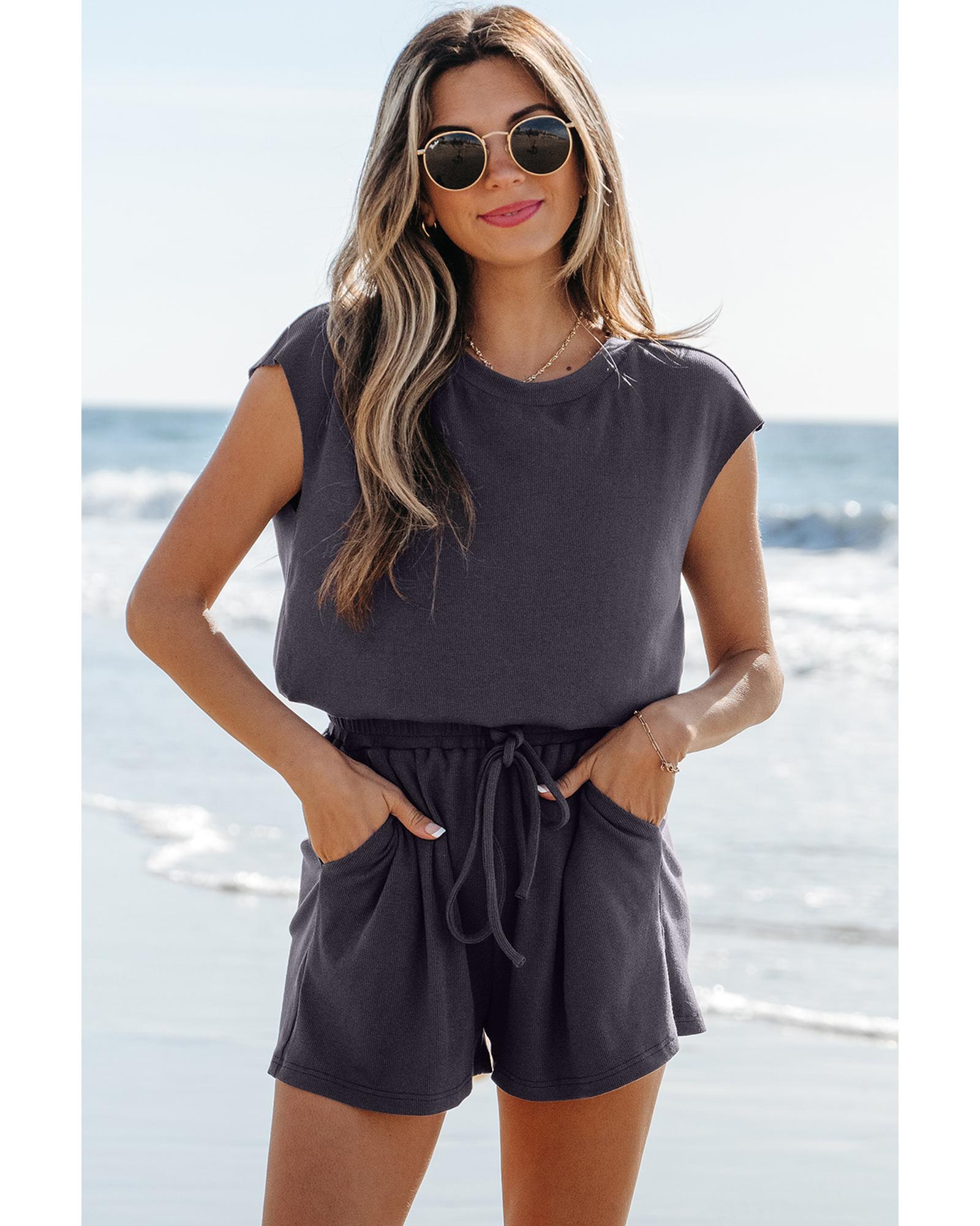 V539-AZEXDC6414062-P302-L-202508302235-00 Bristol Black Knit Open Back Cap Sleeve Drawstring Romper - L - Image 1