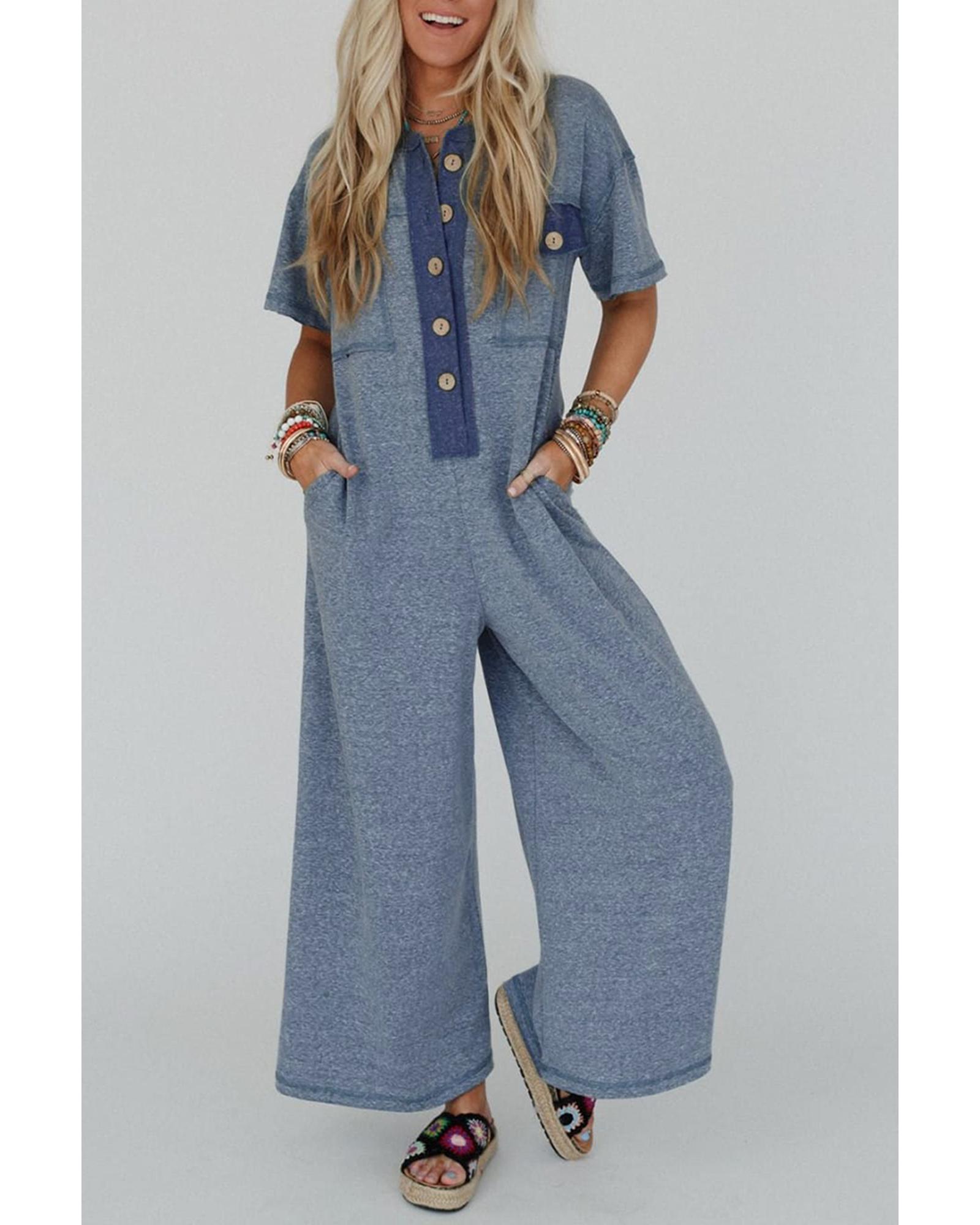 V539-AZEXDC6414096-P804-M-202506150421-00 Beau Blue Half Placket Chest Pockets Short Sleeve Wide Leg Jumpsuit - M - Image 1