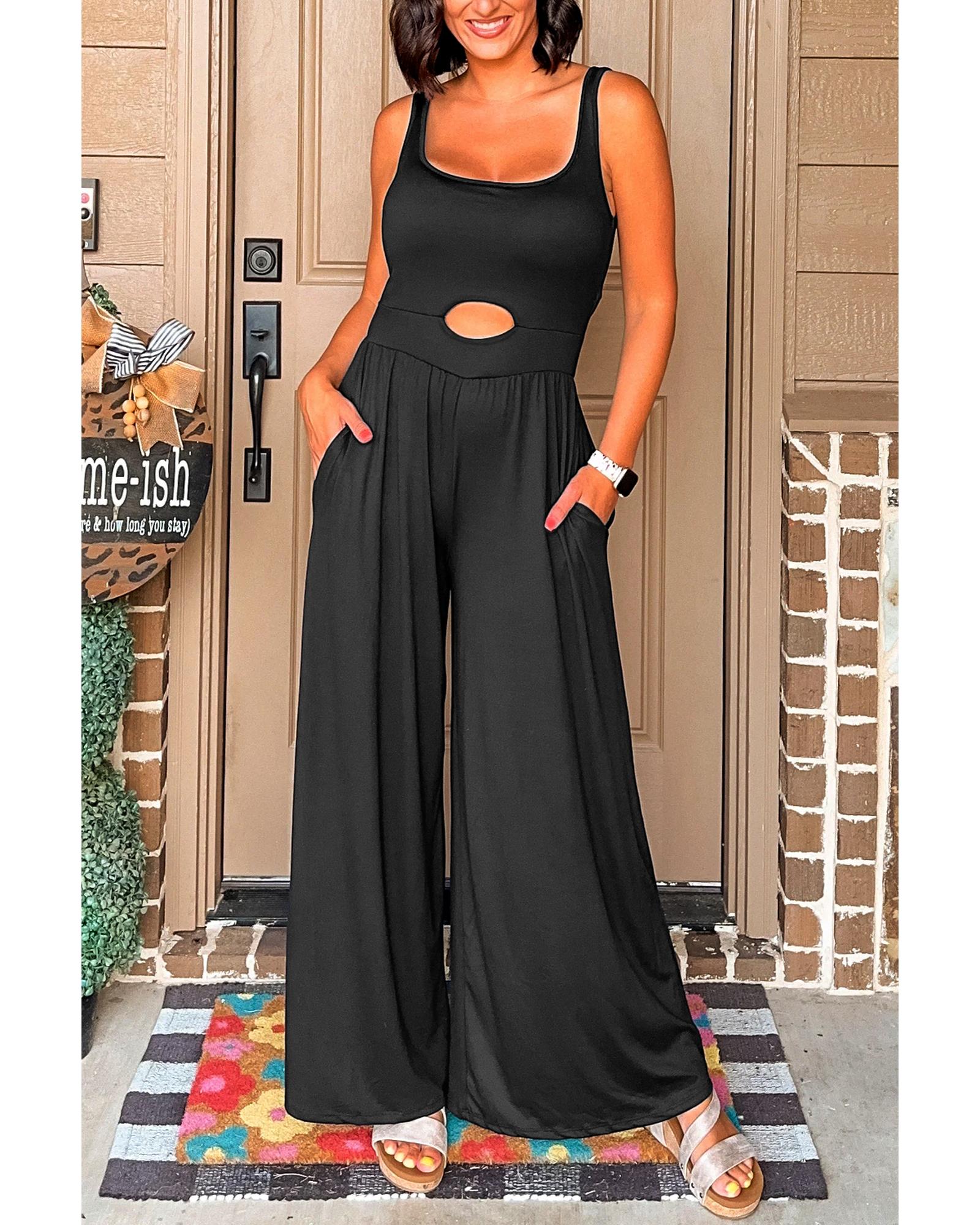 V539-AZEXDC6414104-P2-L-202508282100-00 Black Peekaboo Wide Leg Square Neck Sleeveless Jumpsuit - L - Image 1