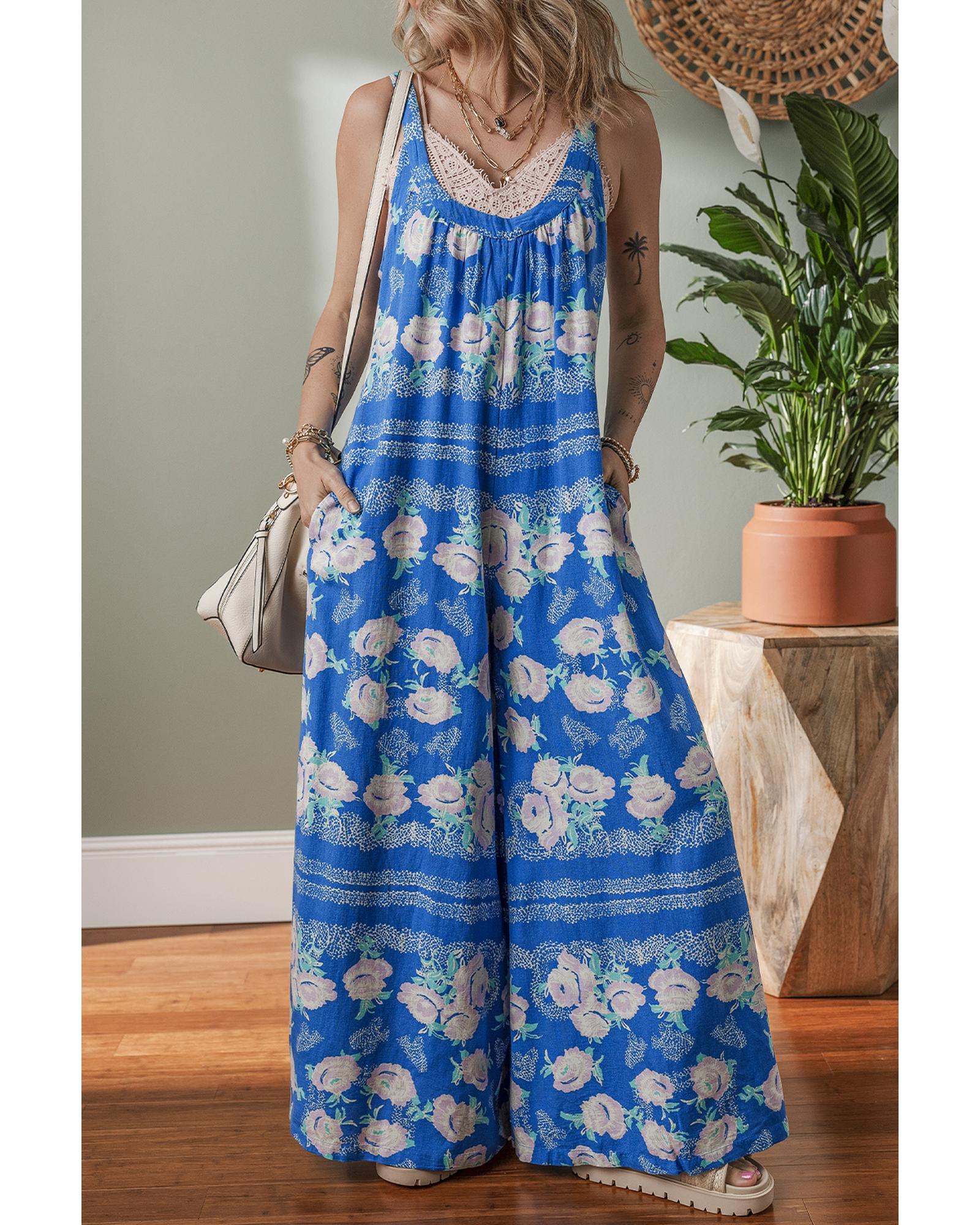 V539-AZEXDC6414122-P520-L-202508300220-00 Blue Floral Print Wide Leg Sleeveless Jumpsuit - L - Image 1