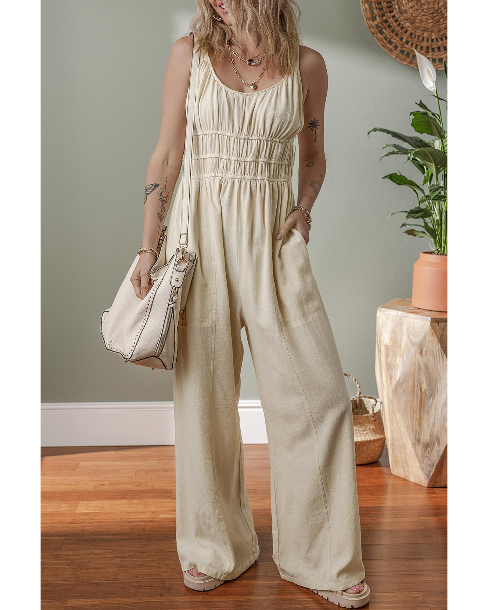 V539-AZEXDC6414128-P15-XL-202508281650-00 Beige Ruched High Waist Sleeveless Wide Leg Jumpsuit - XL - Image 1