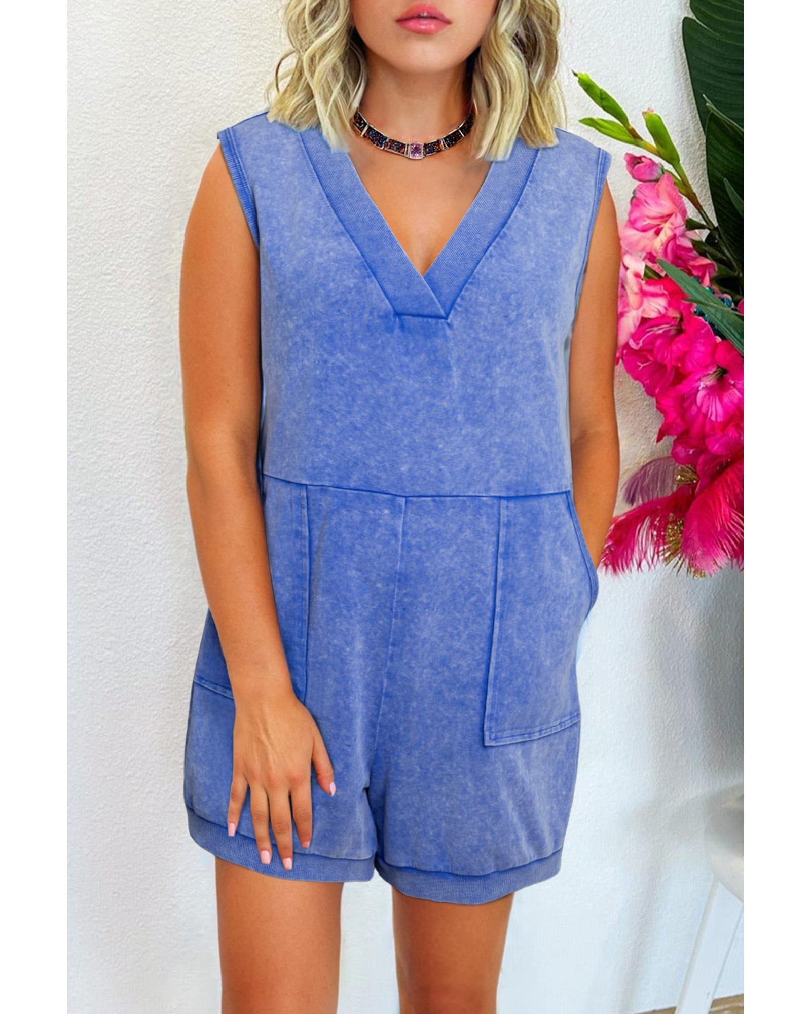 V539-AZEXDC6414212-P304-L-202508282200-00 Sky Blue Mineral Wash Pocketed Sleeveless V Neck Loose Romper - L - Image 1