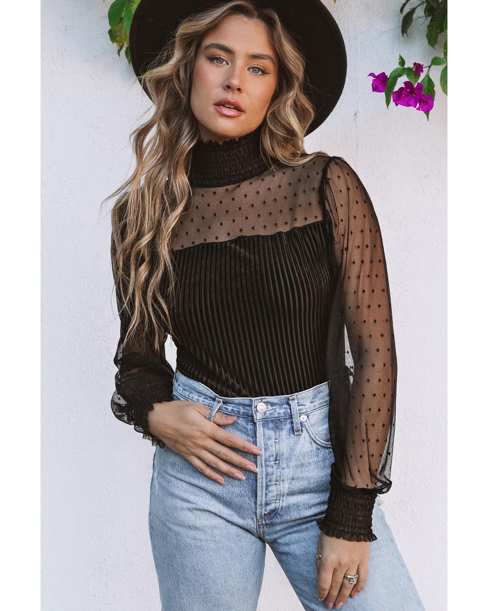 V539-AZEXDC6421176-2-L-202508280600-00 Black Sheer Dotty Long Sleeve Ribbed Velvet Bodysuit - L - Image 1