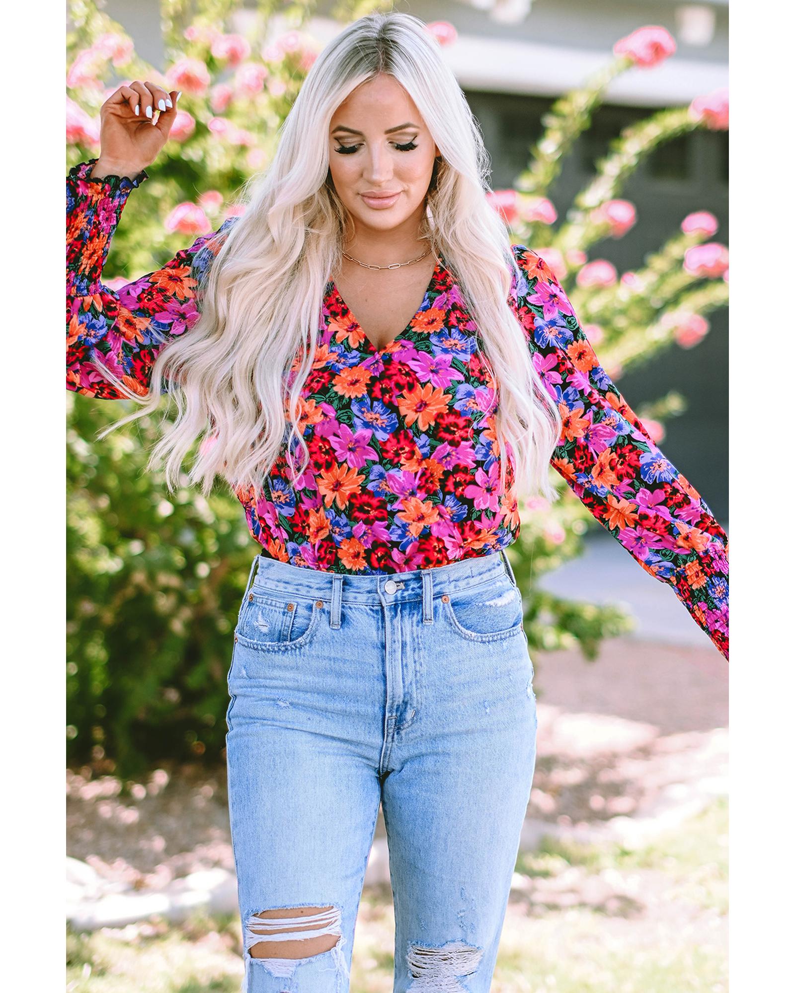 V539-AZEXDC6421524-3-L-202508300010-00 Floral Print Wrap V Neck Long Sleeve Bodysuit - L - Image 1