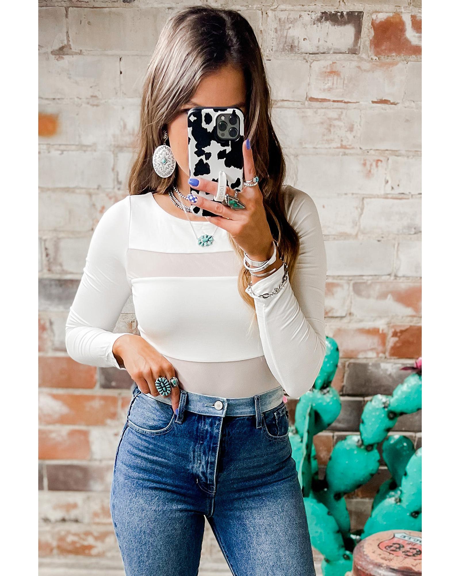 V539-AZEXDC6421540-1-XL-202508291300-00 Azura Exchange White Mesh Patchwork Long Sleeve Bodysuit - XL - Image 1