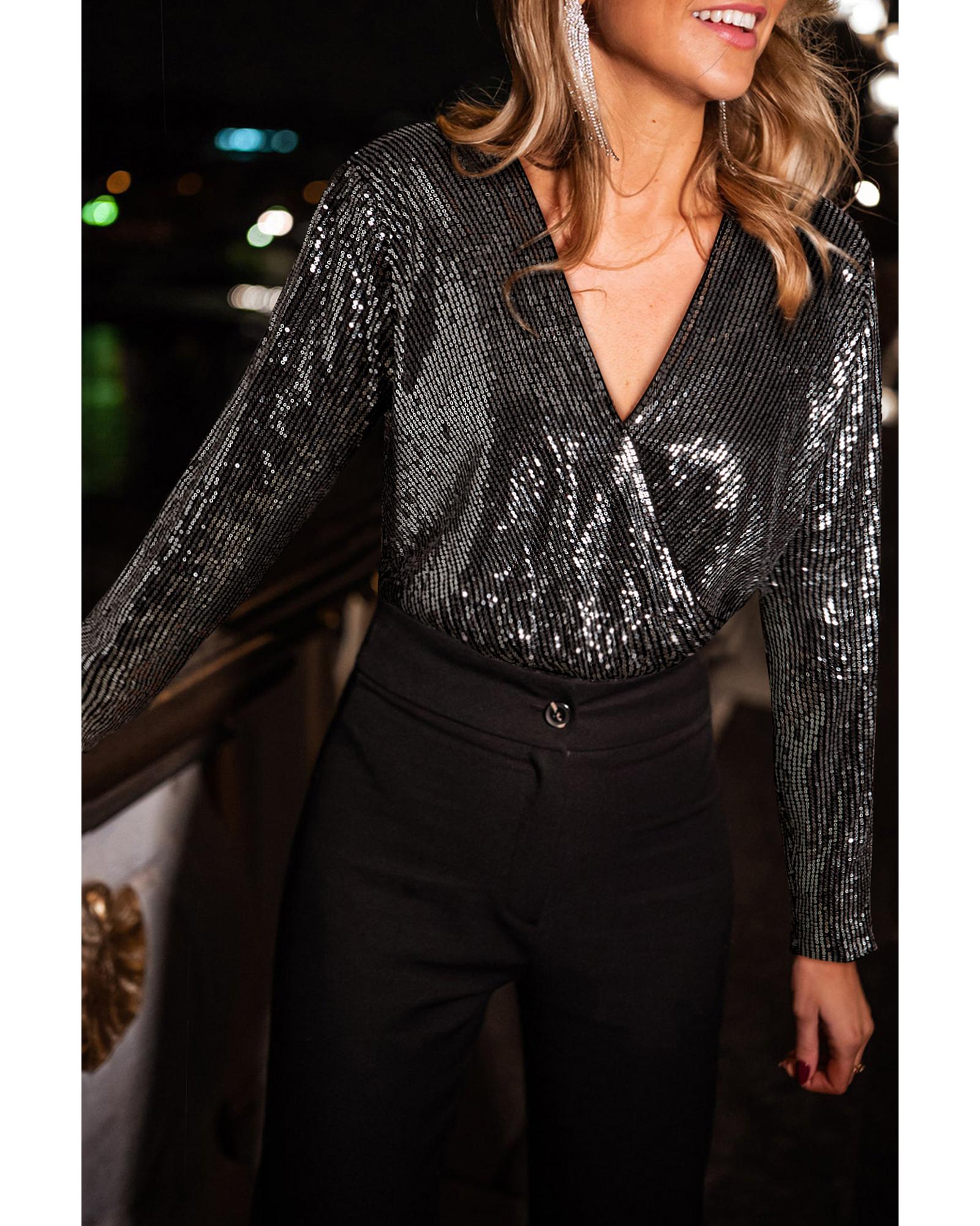 V539-AZEXDC6421775-P2-XL-202508281720-00 Black Sequin Mesh Long Sleeve Surplice Neck Bodysuit - XL - Image 1