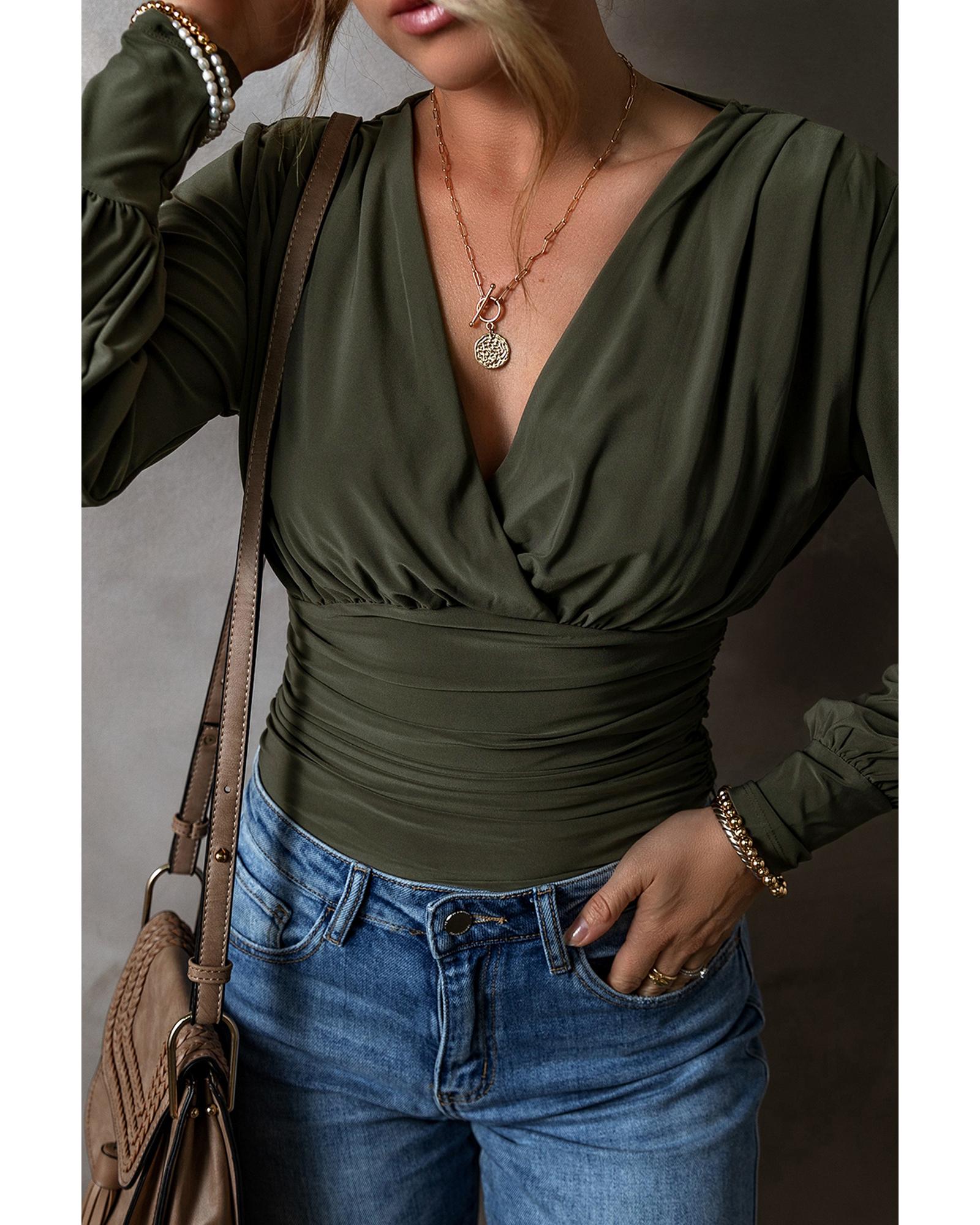 V539-AZEXDC6421784-P1609-XL-202508302050-00 Moss Green Ruched Wrap V Neck Long Sleeve Bodysuit - XL - Image 1