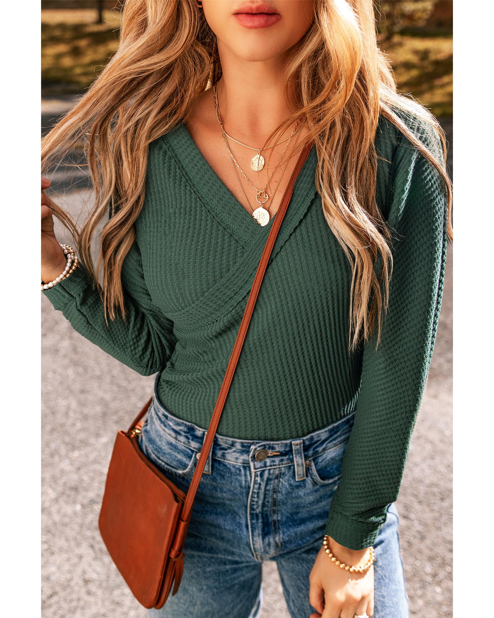 V539-AZEXDC6421829-P309-M-202508301240-00 Blackish Green Waffle Knit Slim Fit Wrap V Neck Bodysuit - M - Image 1