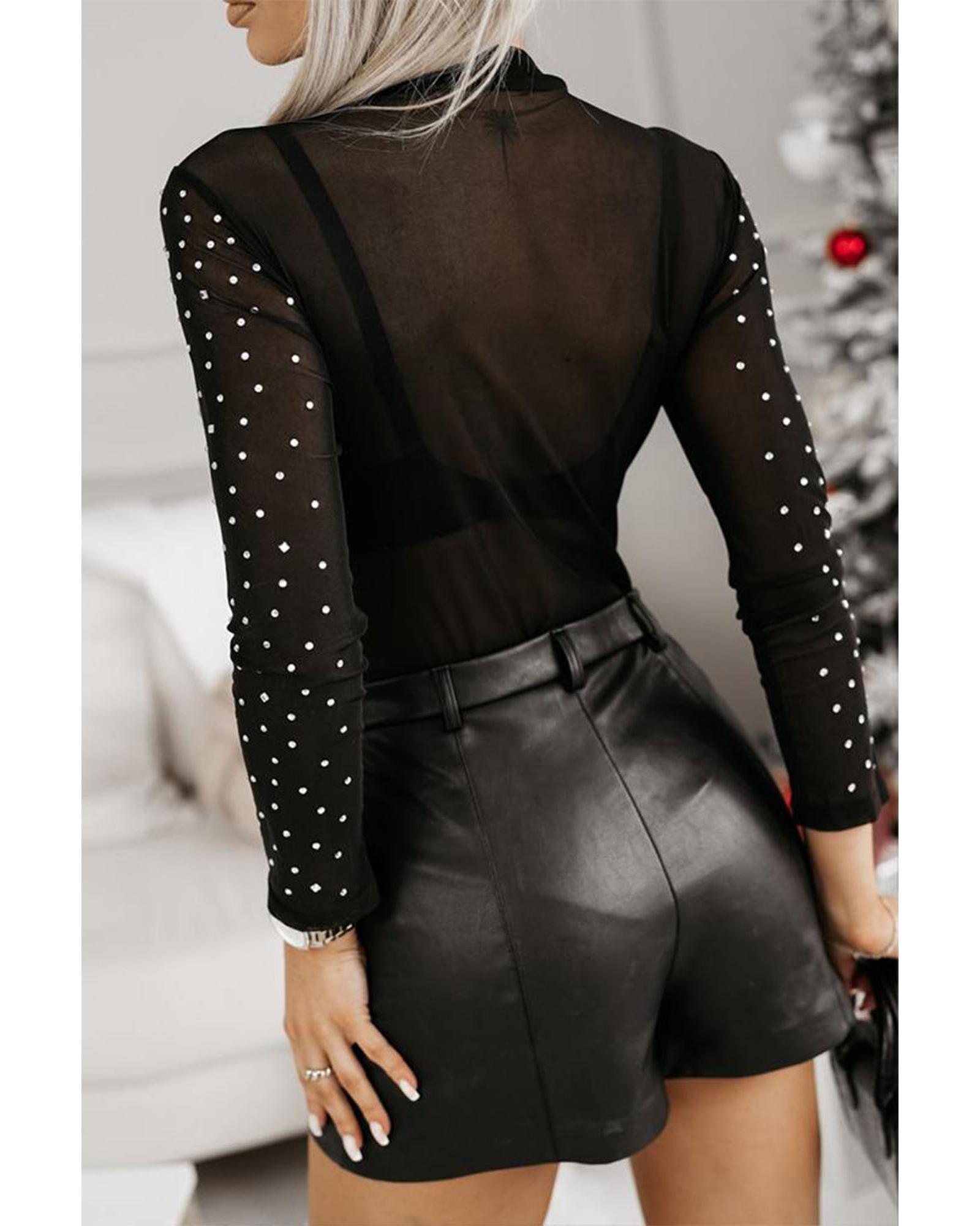 V539-AZEXDC6421833-P2-S-202506150637-00 Black Rhinestone Sheer Mesh Long Sleeve Bodysuit - S - Image 1