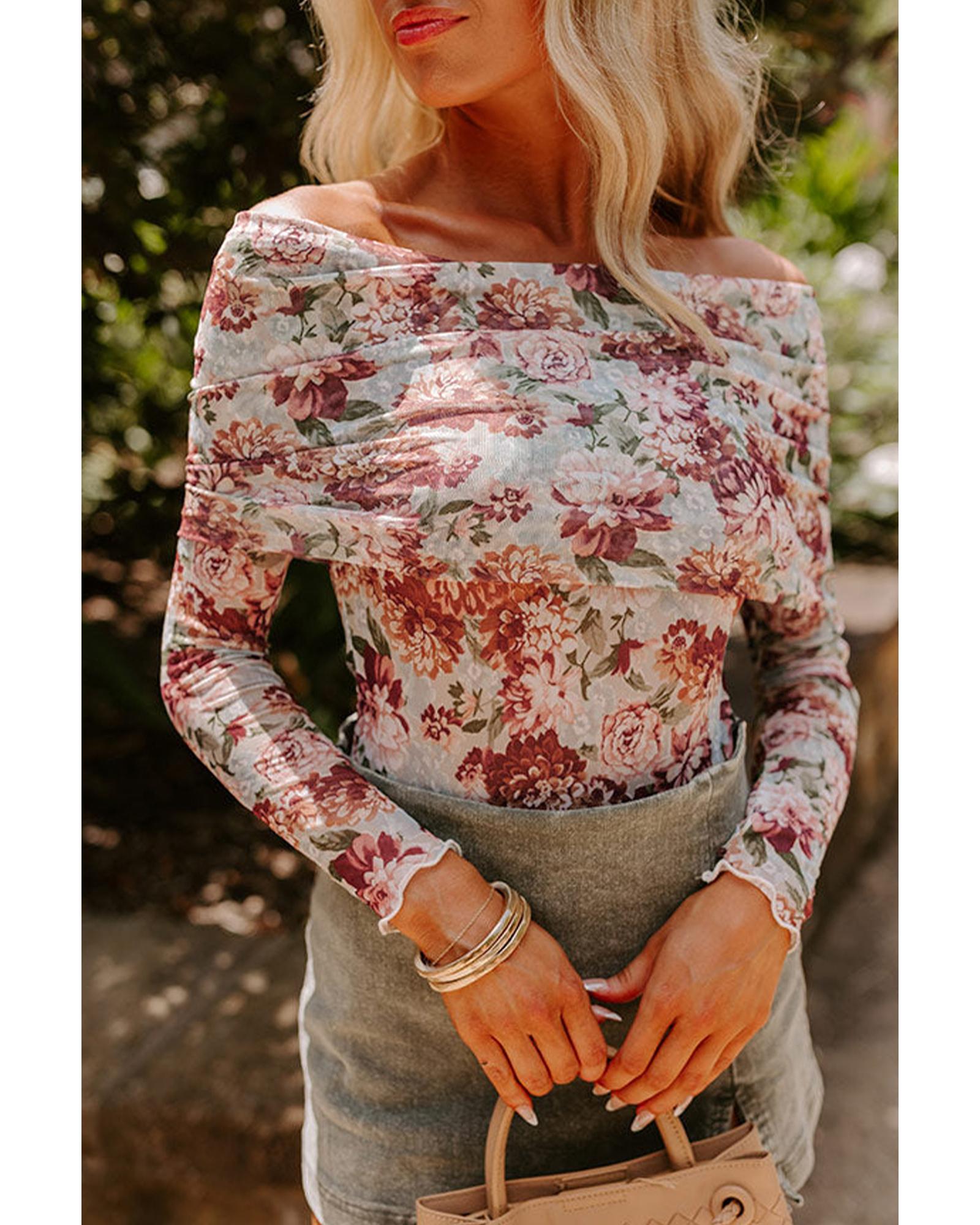 V539-AZEXDC6421862-P1020-L-202508301315-00 Pink Floral Printed Long Sleeve Sheath Bodysuit - L - Image 1