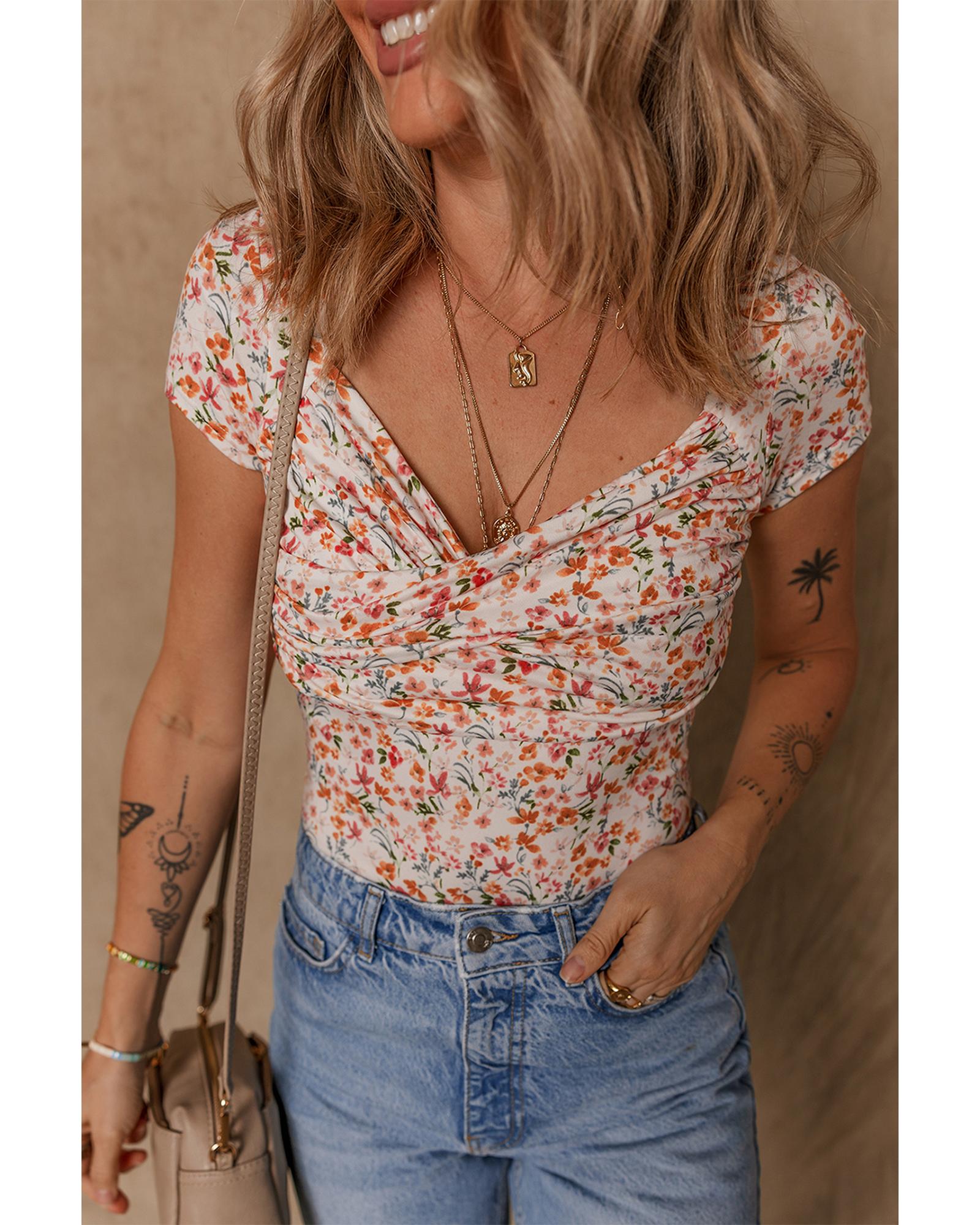 V539-AZEXDC6421978-P1420-S-202508302255-00 Orange Short Sleeve Floral Ruched Sweetheart Bodysuit - S - Image 1