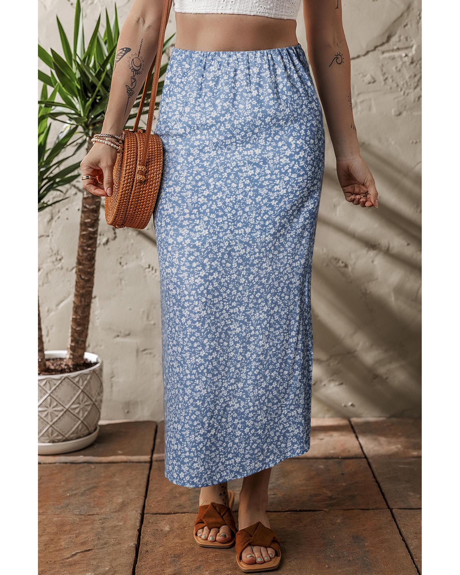 V539-AZEXDC7211073-P420-S-202506150416-00 Sky Blue Boho Floral High Waist Long Skirt with Side Split - S - Image 1
