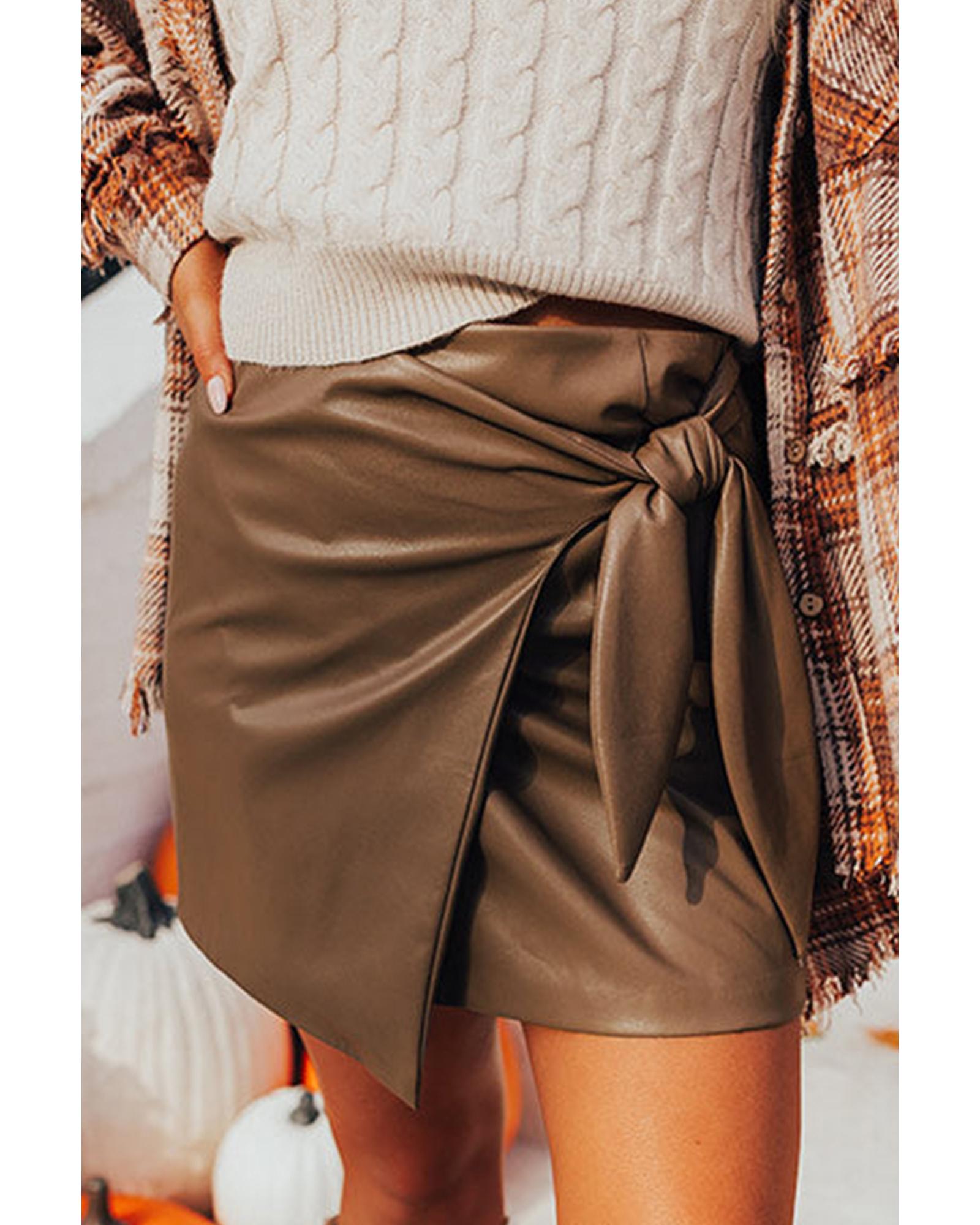 V539-AZEXDC721843-P1017-M-202508292310-00 Coffee Bowknot Faux Leather Mini Skirt - M - Image 1