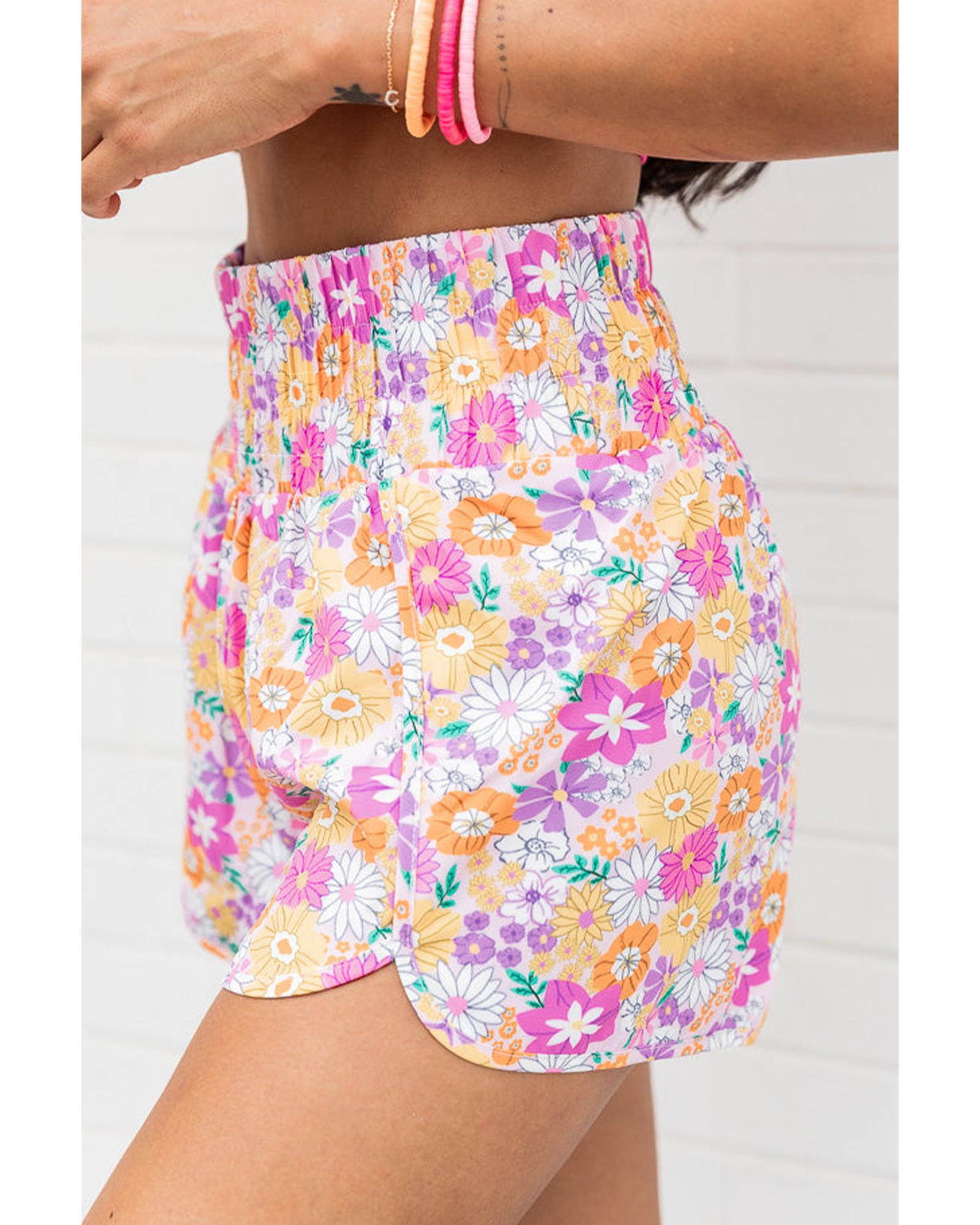 V539-AZEXDC731571-P1020-XL-202508292220-00 Pink Boho Floral Shirred High Waist Casual Shorts - XL - Image 1