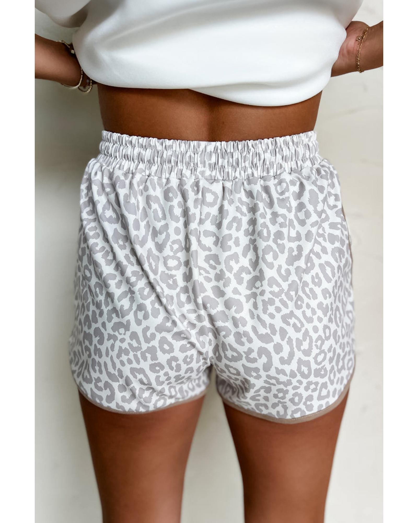 V539-AZEXDC731818-P120-S-202506150612-00 White Leopard Elastic Waist Lace up Contrast Trim Casual Shorts - S - Image 1
