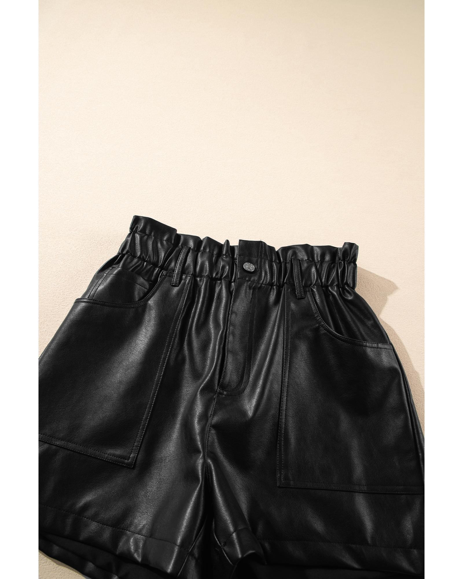 V539-AZEXDC731846-P2-M-202508301100-00 Black Faux Leather Paper Bag Waist High Rise Shorts - M - Image 1