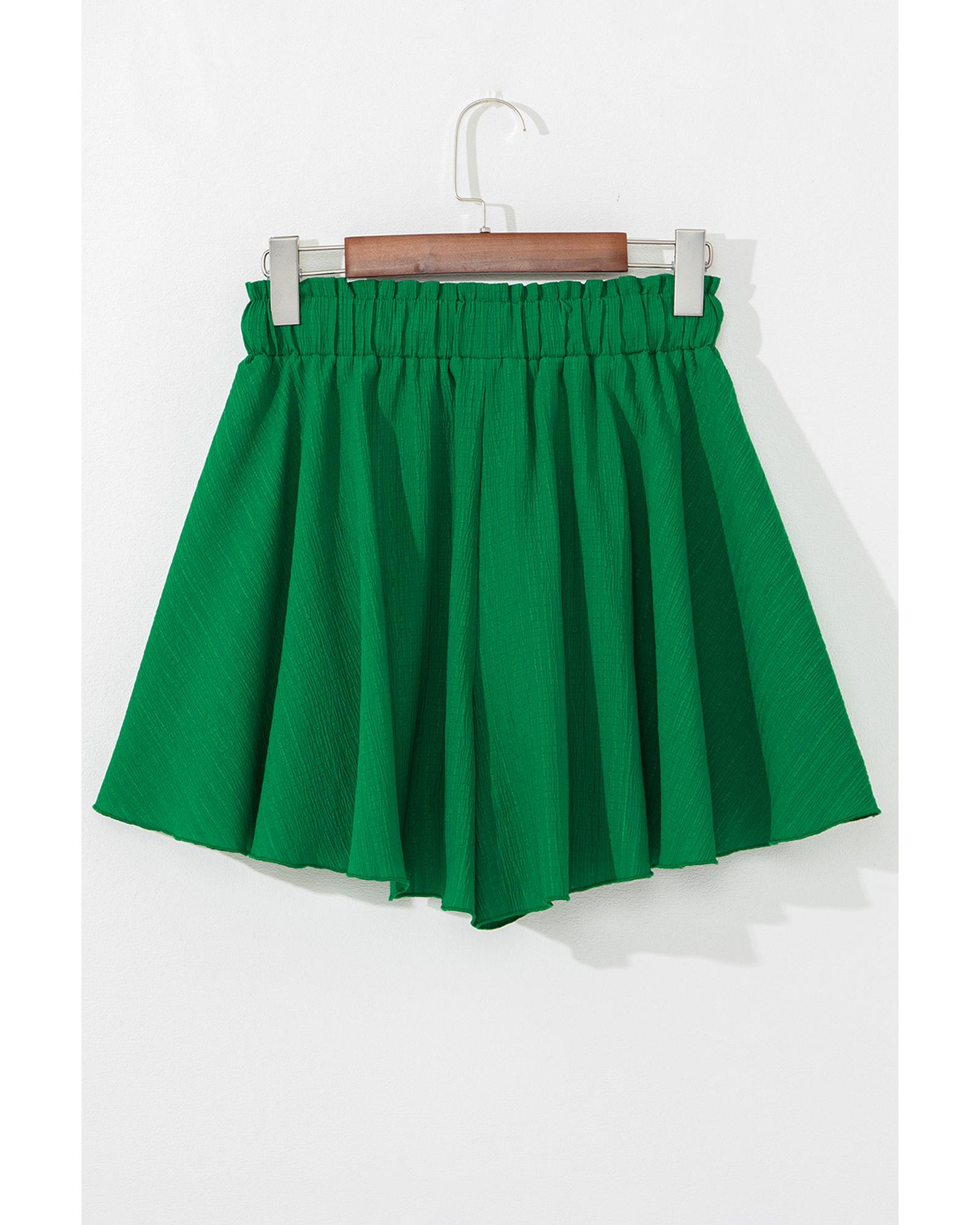 V539-AZEXDC731925-P209-XL-202508300835-00 Dark Green Textured Frilled Lace-up High Waist Ruffle Wide Leg Shorts - XL - Image 1