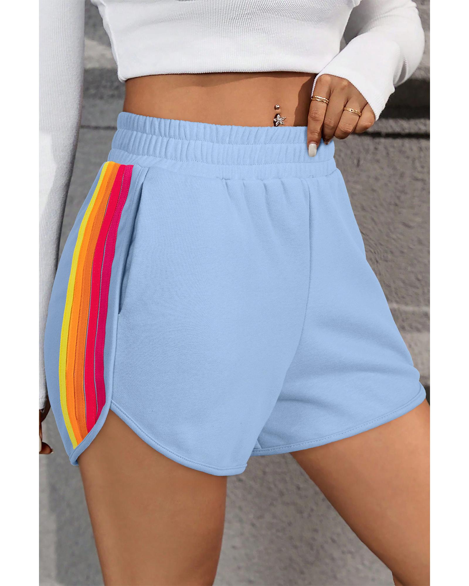 V539-AZEXDC731977-P804-L-202508302300-00 Beau Blue Color Block Stripes Elastic High Waist Active Shorts - L - Image 1