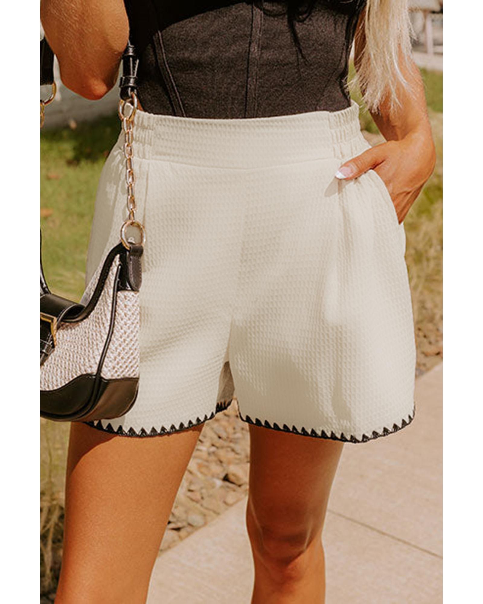 V539-AZEXDC731986-P101-S-202506150341-00 White Waffle Texture Contrast Ricrac Hemline Casual Shorts - S - Image 1
