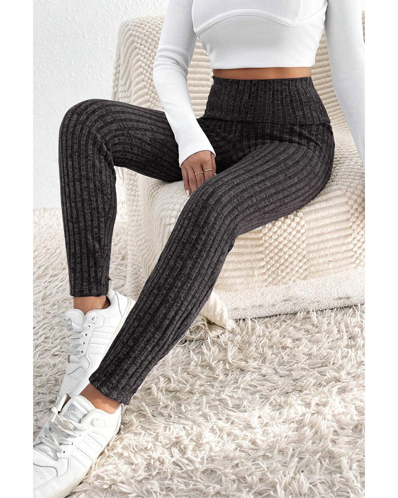 V539-AZEXDC761454-P2011-S-202506150740-00 Dark Grey Wide Waistband Ribbed Textured Knit Leggings - S - Image 1
