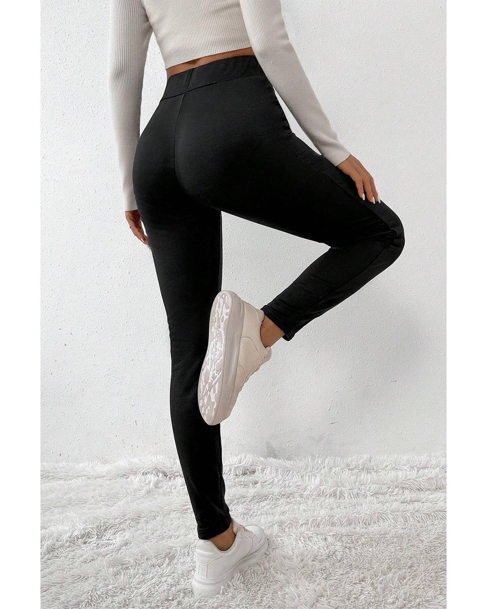 V539-AZEXDC761488-P2-M-202508301840-00 Black Crossed Waist Seamed Leg Thermal Leggings - M - Image 1