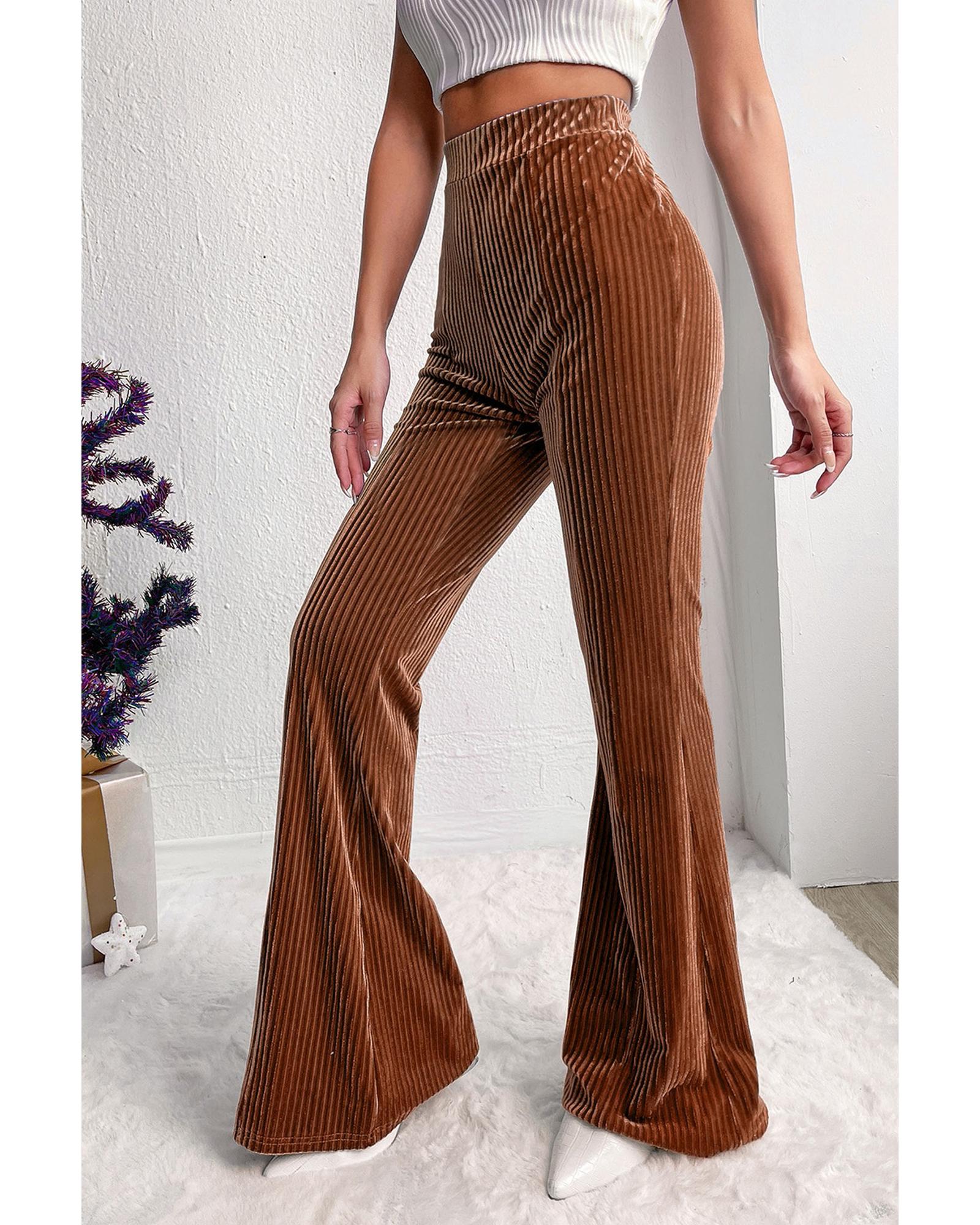 V539-AZEXDC7712424-P2017-M-202508292230-00 Chestnut Solid Color High Waist Flare Corduroy Pants - M - Image 1