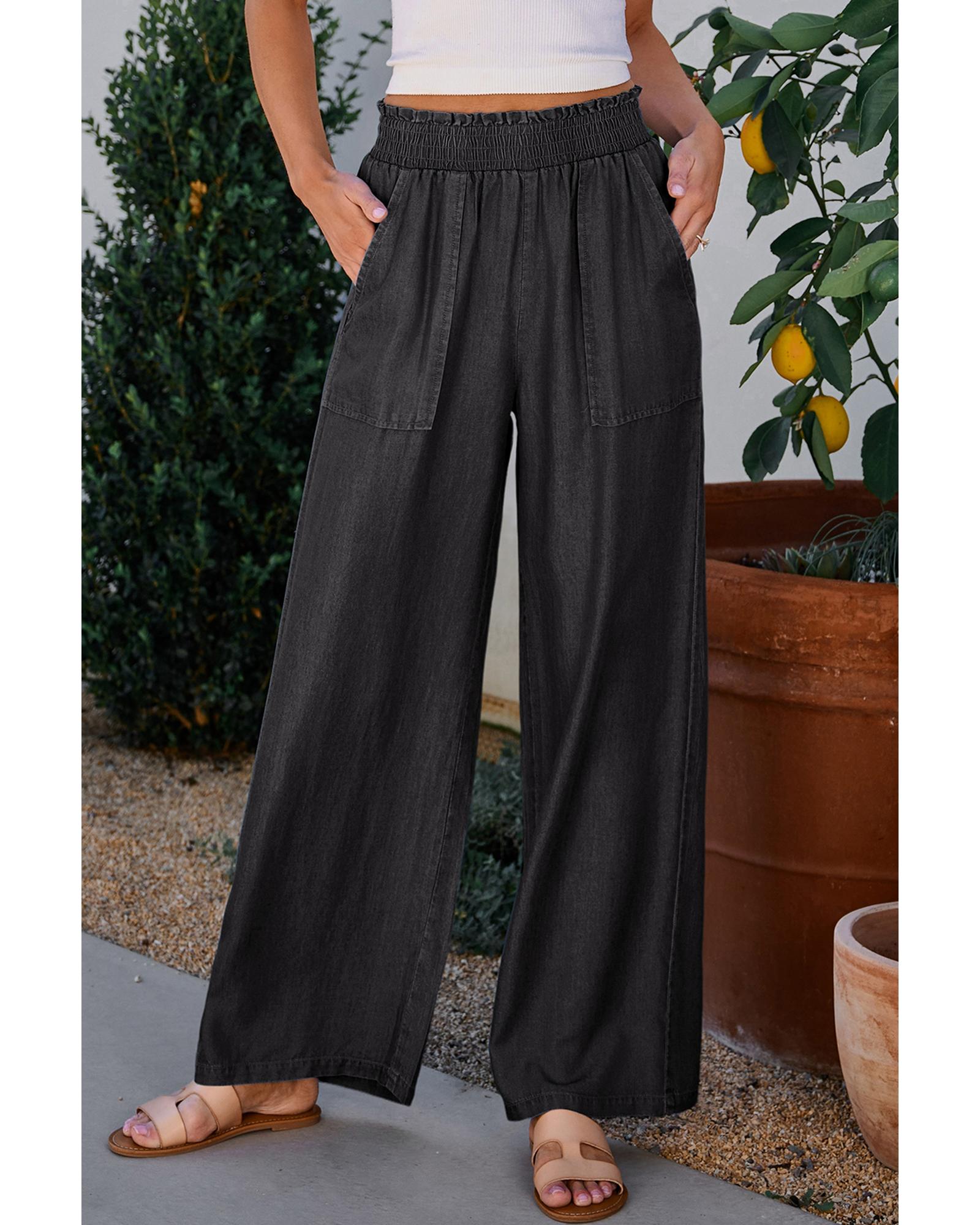 V539-AZEXDC7712517-P2-S-202508281730-00 Black Side Pockets Frilled Smocked High Waist Wide Leg Jeans - S - Image 1
