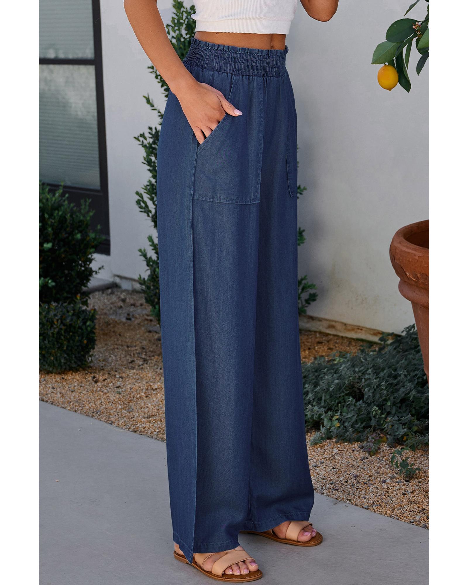V539-AZEXDC7712517-P905-S-202508290010-00 Sail Blue Side Pockets Frilled Smocked High Waist Wide Leg Jeans - S - Image 1