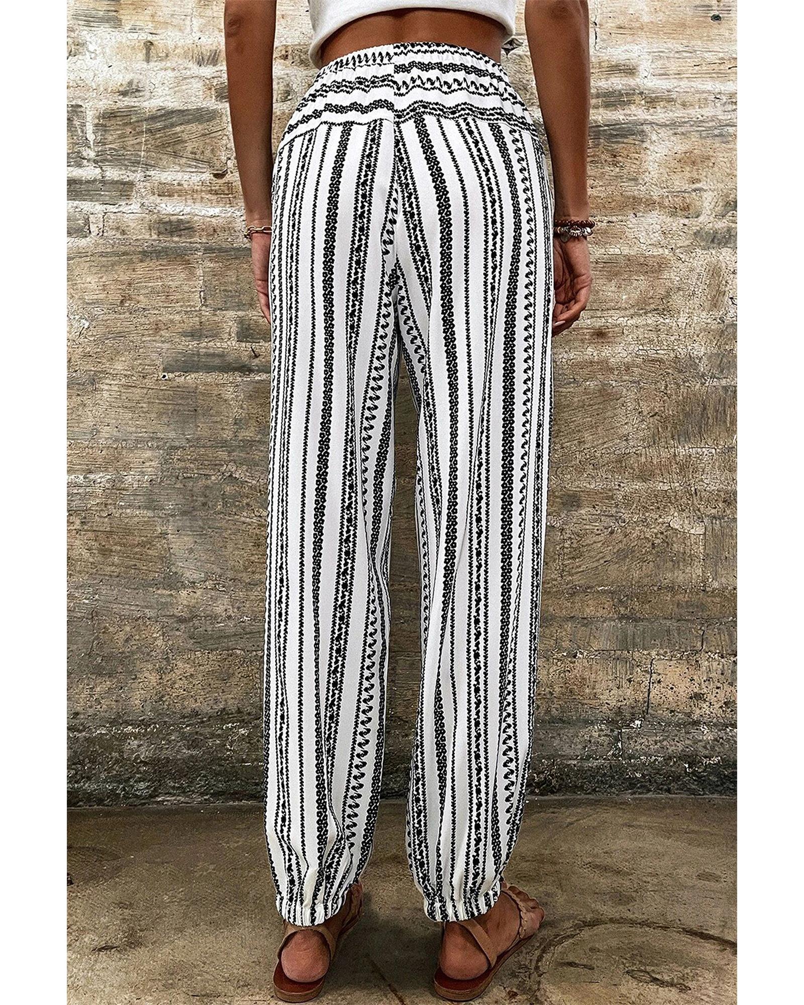 V539-AZEXDC7712810-P219-S-202506150936-00 Black Stripe Boho Striped Print Casual Pants - S - Image 1