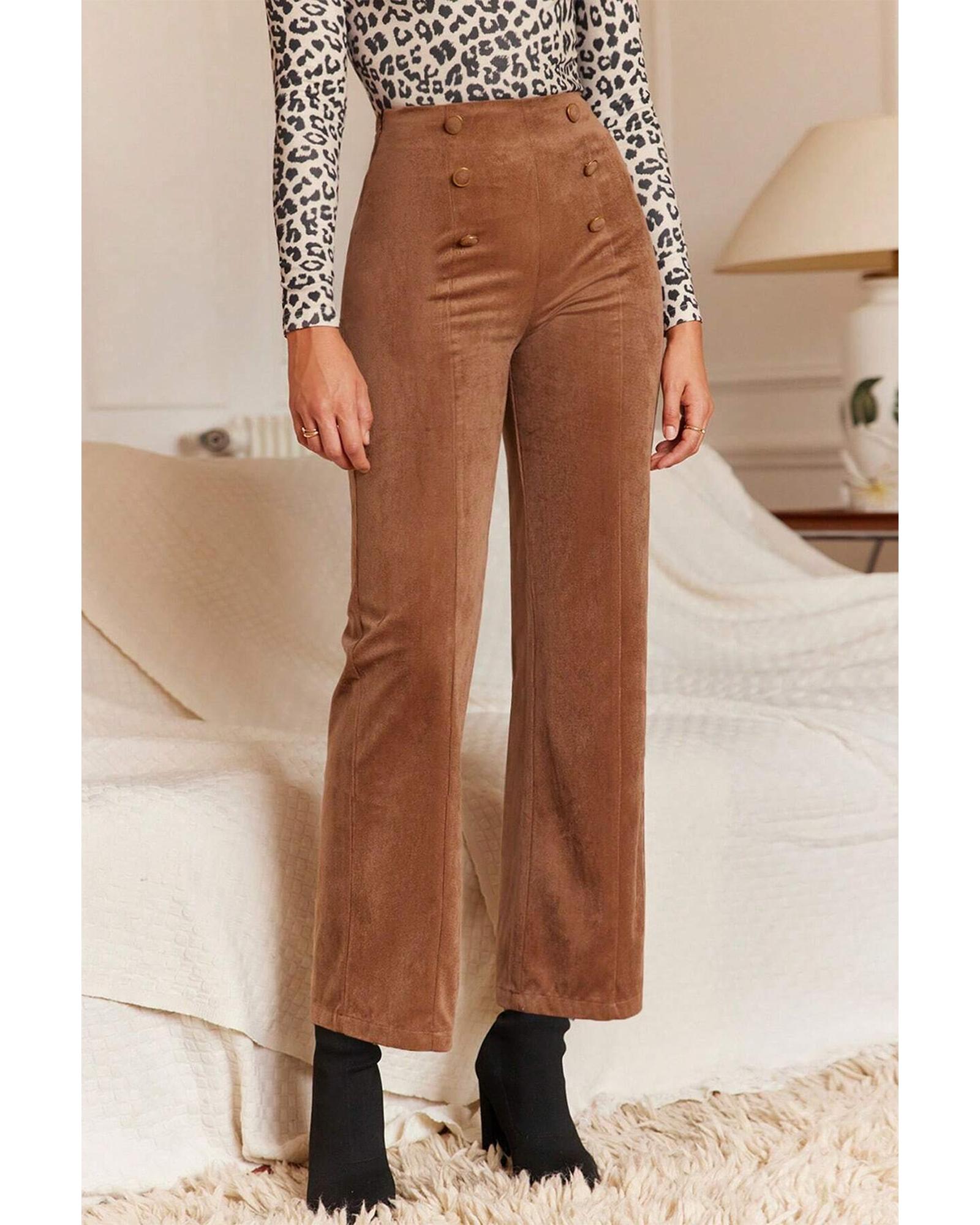 V539-AZEXDC7713116-P2017-L-202508302305-00 Chestnut Solid Color Double Breasted Straight Leg Pants - L - Image 1