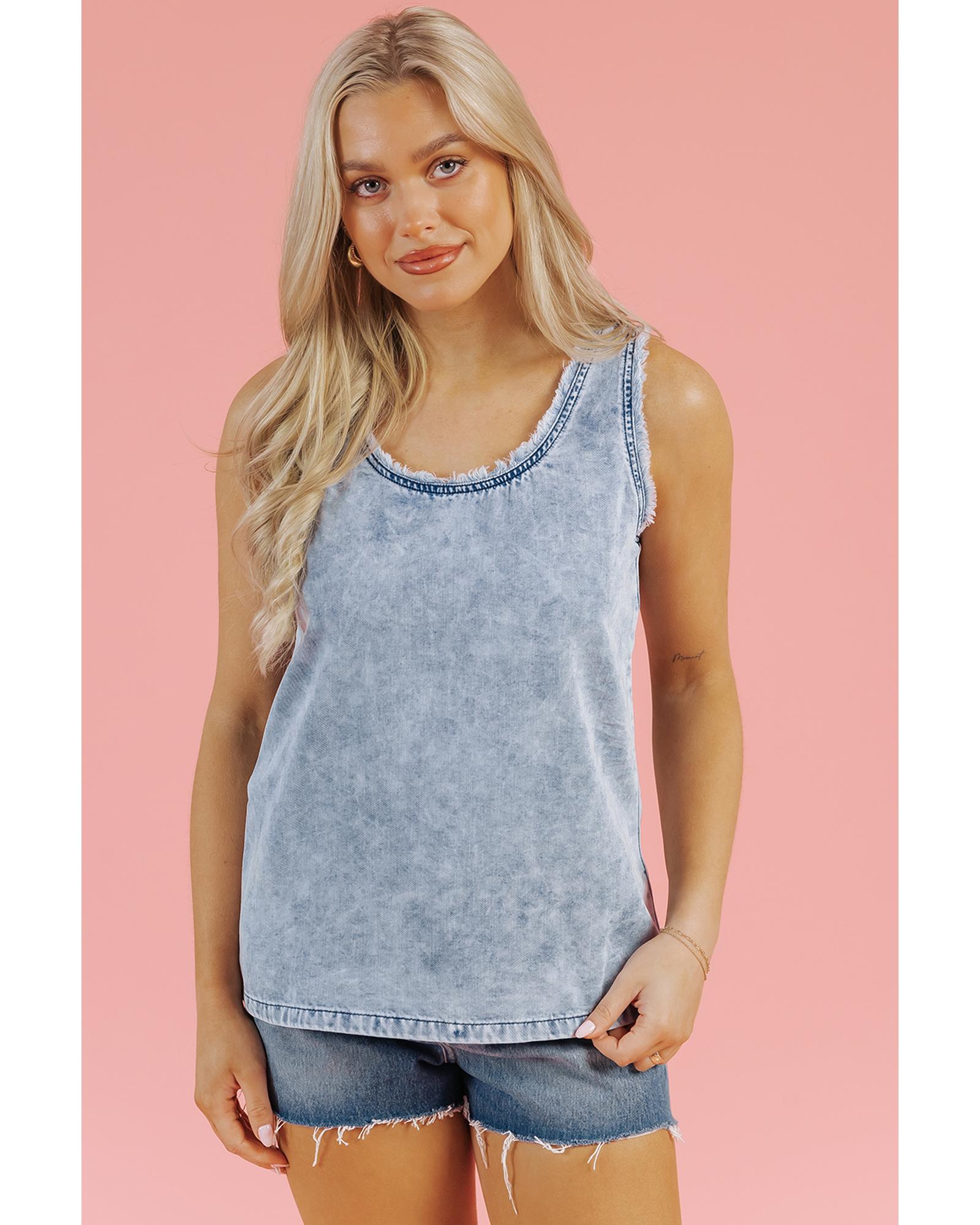 V539-AZEXDC7821172-P804-XL-202508302140-00 Beau Blue Mineral Wash Denim Frayed U Neck Sleeveless Top - XL - Image 1