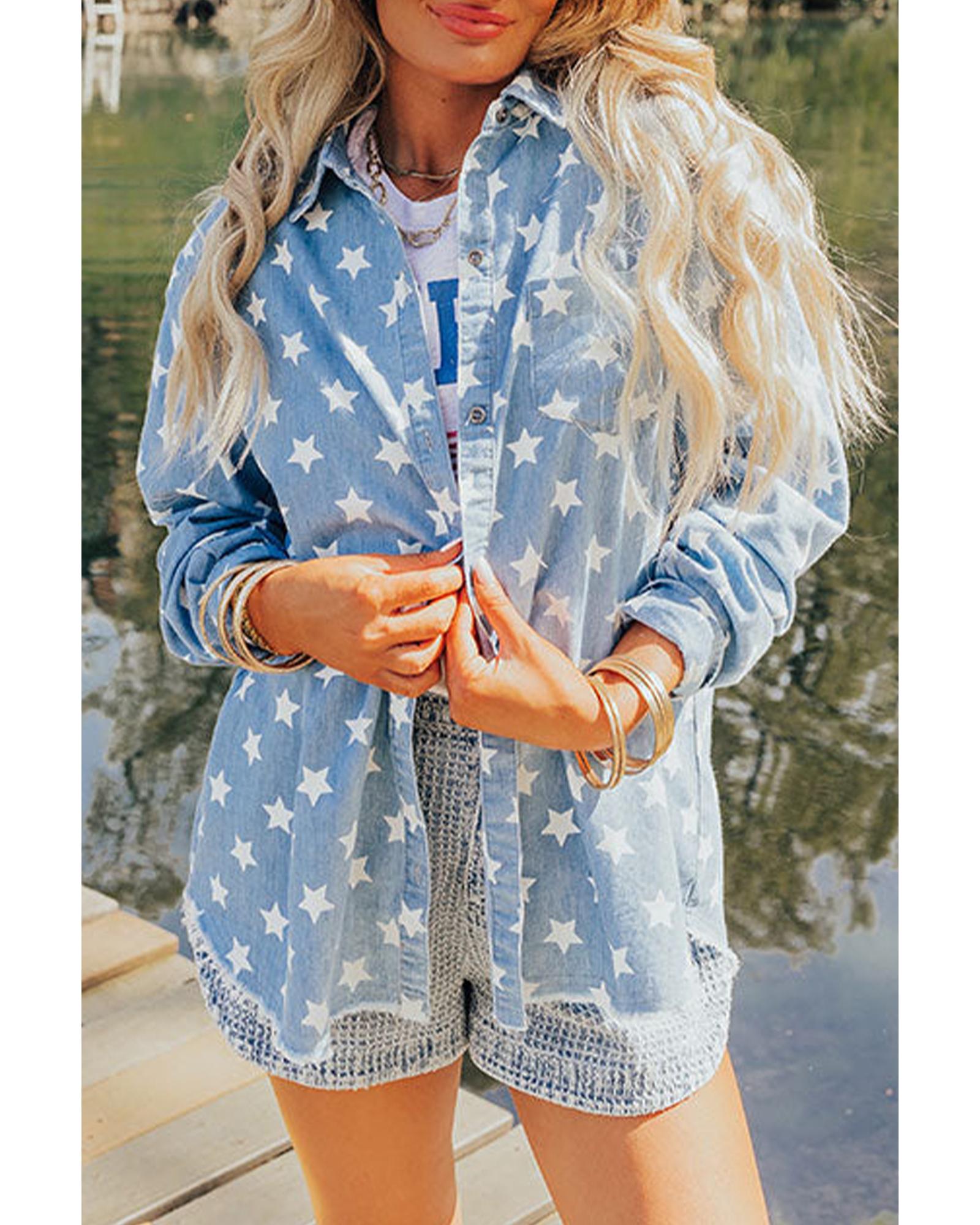 V539-AZEXDC7821216-P420-S-202506151008-00 Sky Blue Star Print Light Wash Raw Hem Denim Jacket - S - Image 1