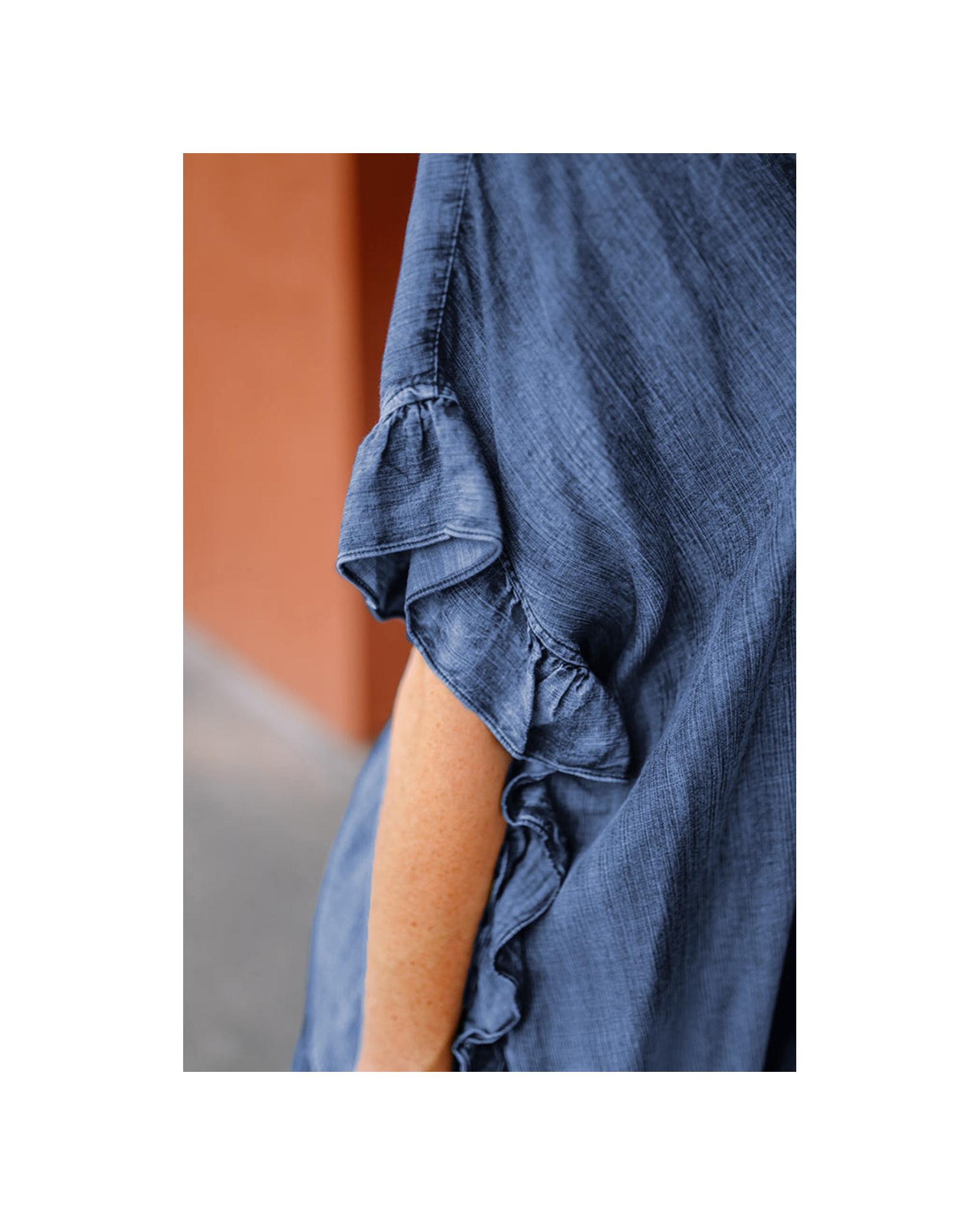 V539-AZEXDC7821223-P704-M-202508301515-00 Dusk Blue Chambray Ruffle Hem Half Sleeve Open Loose Kimono - M - Image 1