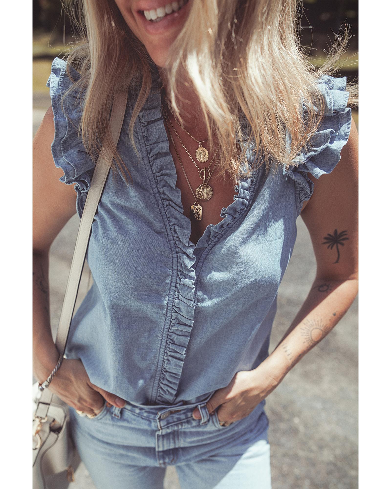 V539-AZEXDC7821351-P804-XL-202506150712-00 Beau Blue Frilly Ruffle Trim V Neck Chambray Tank Top - XL - Image 1