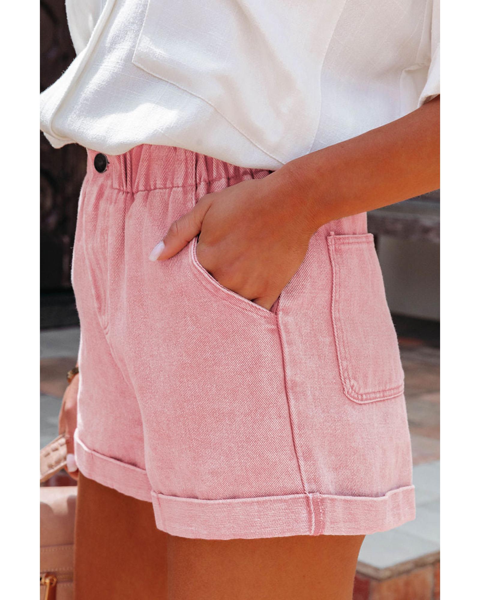V539-AZEXDC7831584-P9010-10-202508301825-00 Dusty Pink Vintage Washed Frilled High Waist Denim Shorts - 10 US - Image 1