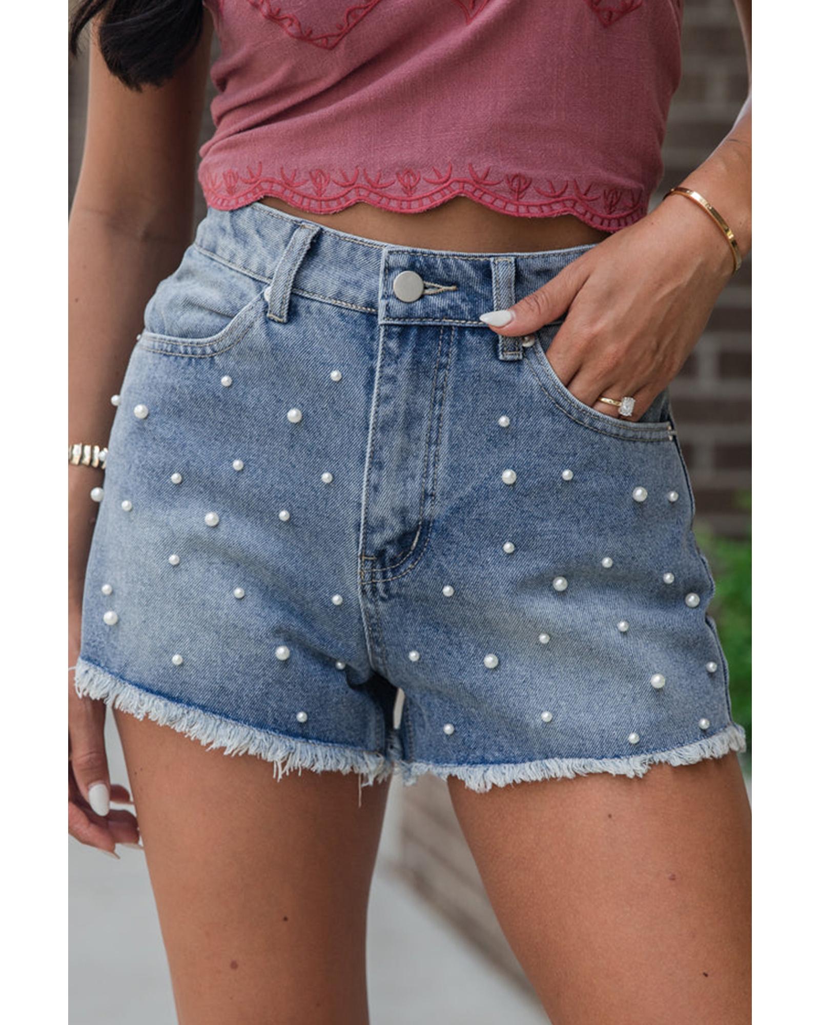 V539-AZEXDC7831781-P704-8-202508300020-00 Dusk Blue Pearl Beaded Raw Hem Medium Wash Denim Shorts - 8 US - Image 1
