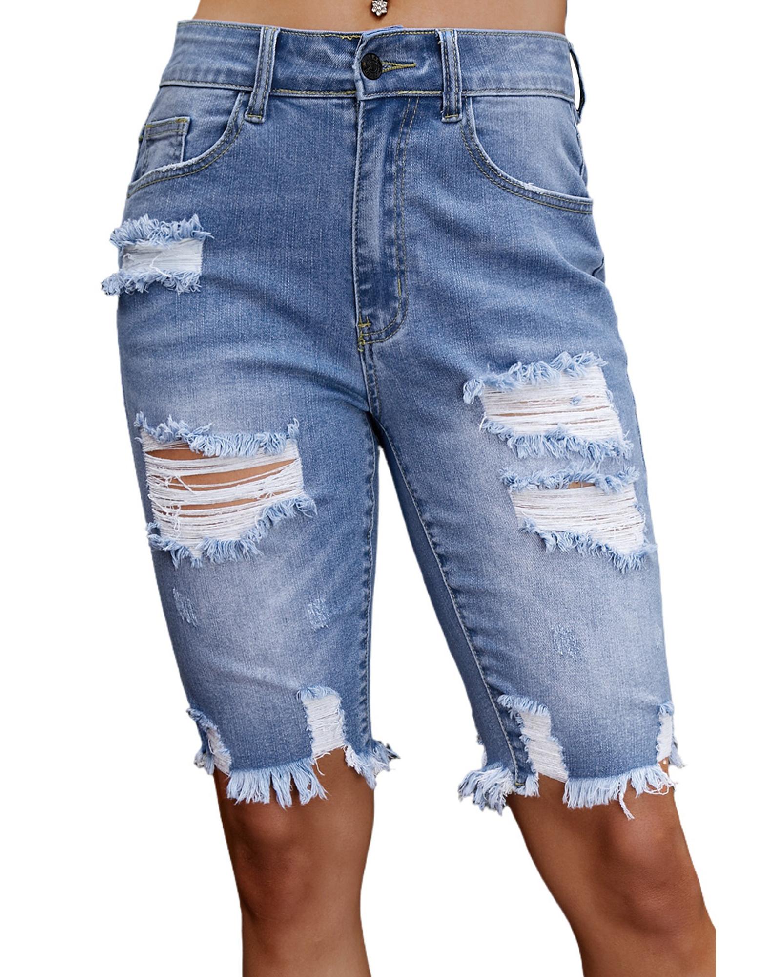 V539-AZEXDC783874-4-M-202506150925-00 Sky Blue Ripped Tassel Bermuda Denim Shorts - M - Image 1