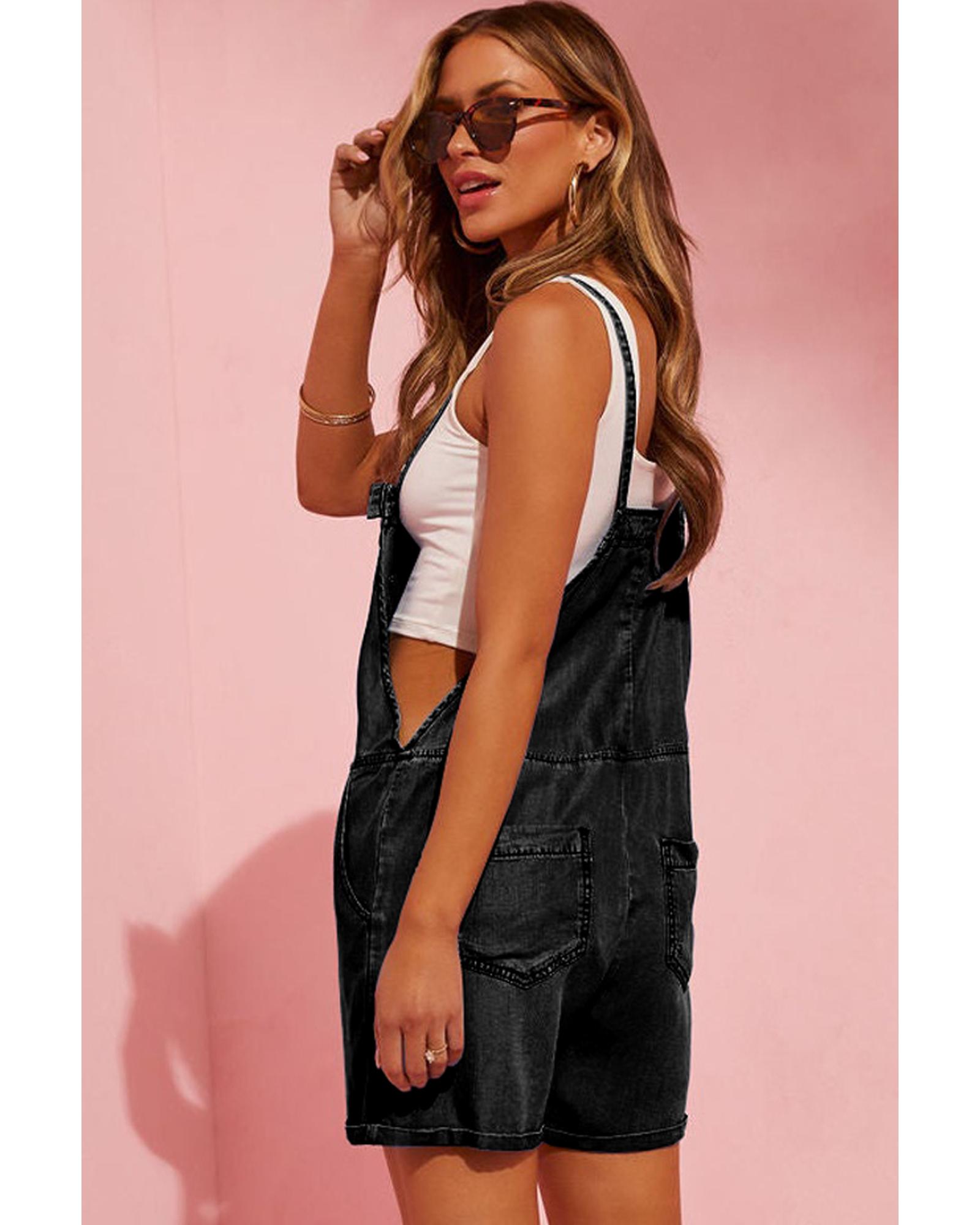 V539-AZEXDC784755-P2-XL-202508280740-00 Black Grommet Tie Straps Casual Denim Romper - XL - Image 1