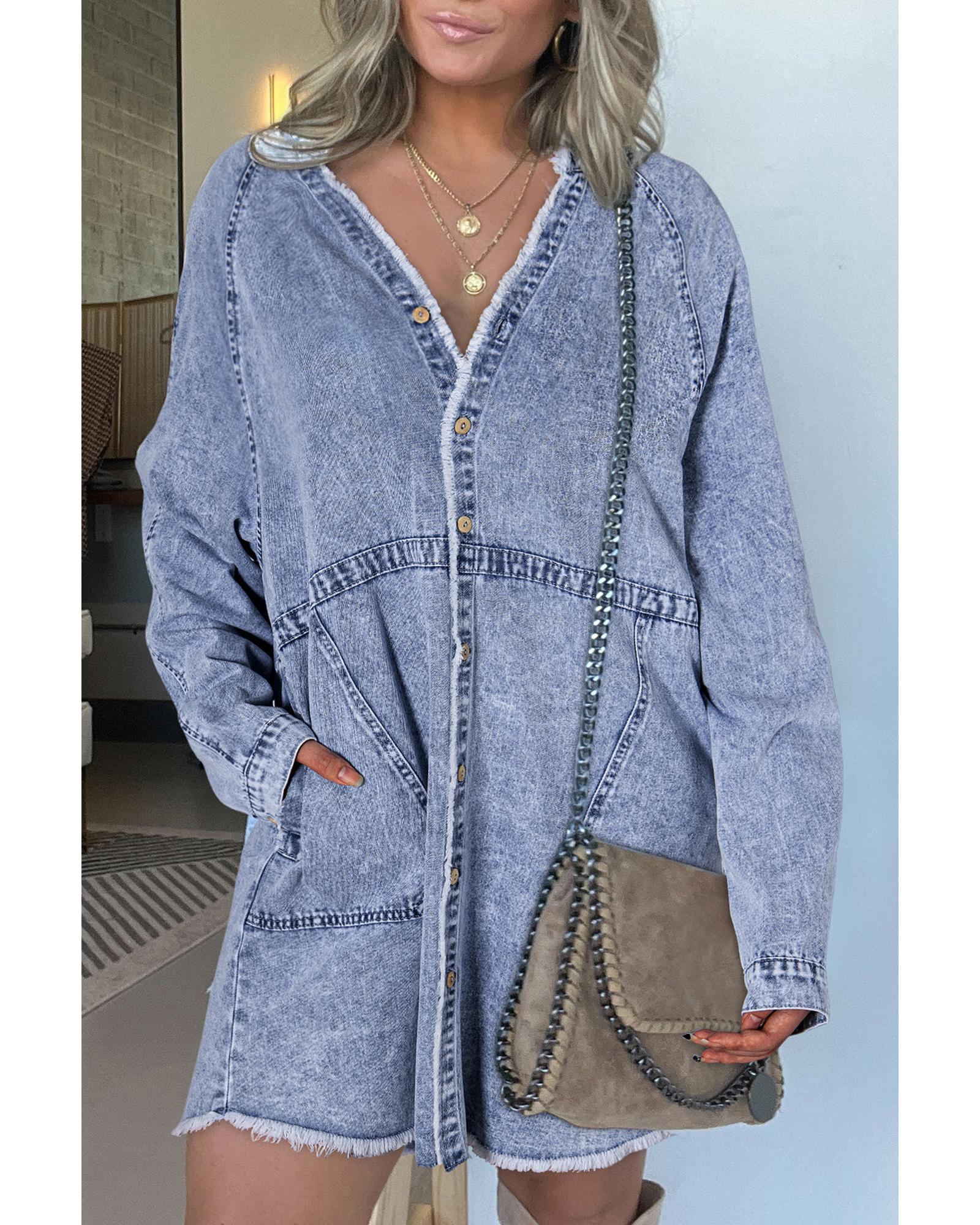 V539-AZEXDC786695-P804-S-202506151317-00 Beau Blue Mineral Wash Long Sleeve Button Up Raw Hem Pocketed Denim Dress - S - Image 1